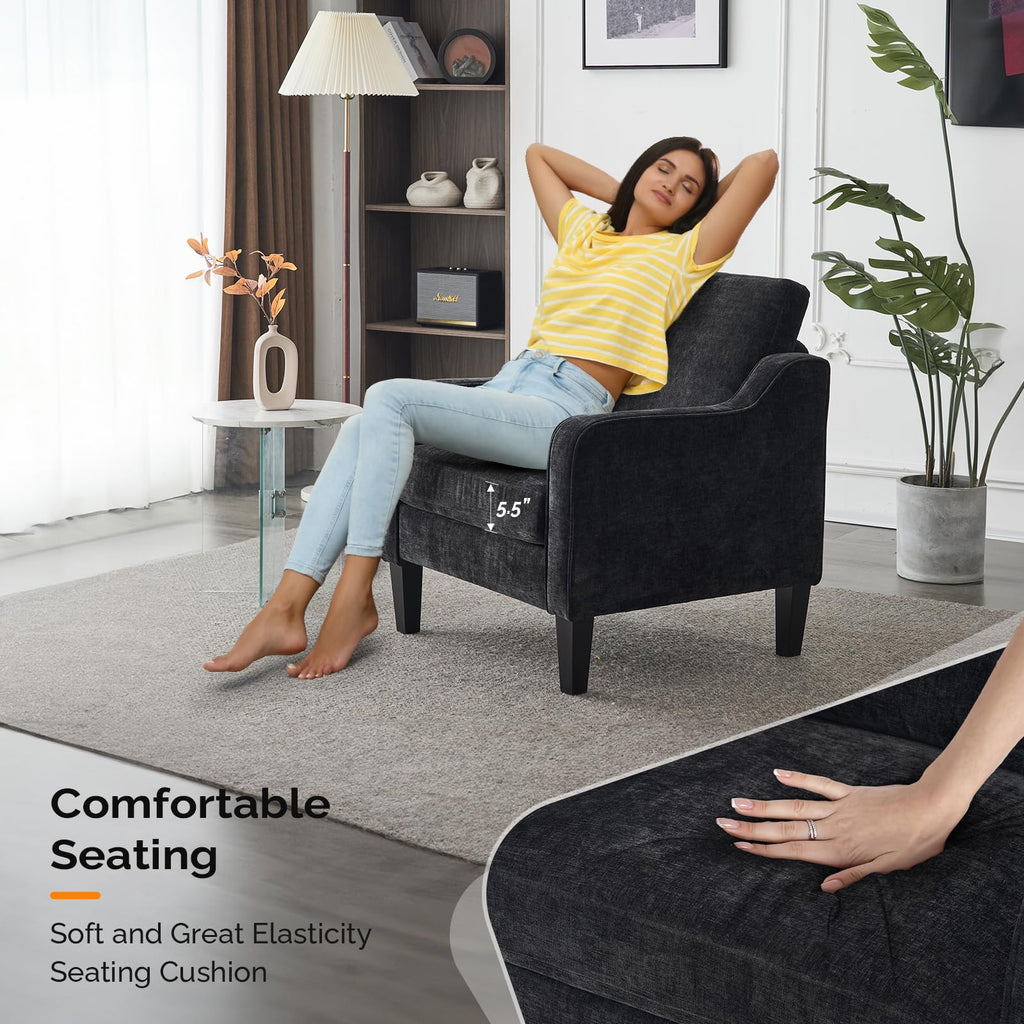 Vingli Living Room Chairs Set Of 2, Black Accent Chair 5.5' Thick Seat Cushion Comfy Chair Soft Chenille Side Chair Upholstered Arm Chair For Bedroom, Play Room, Apartment, Office (Black)