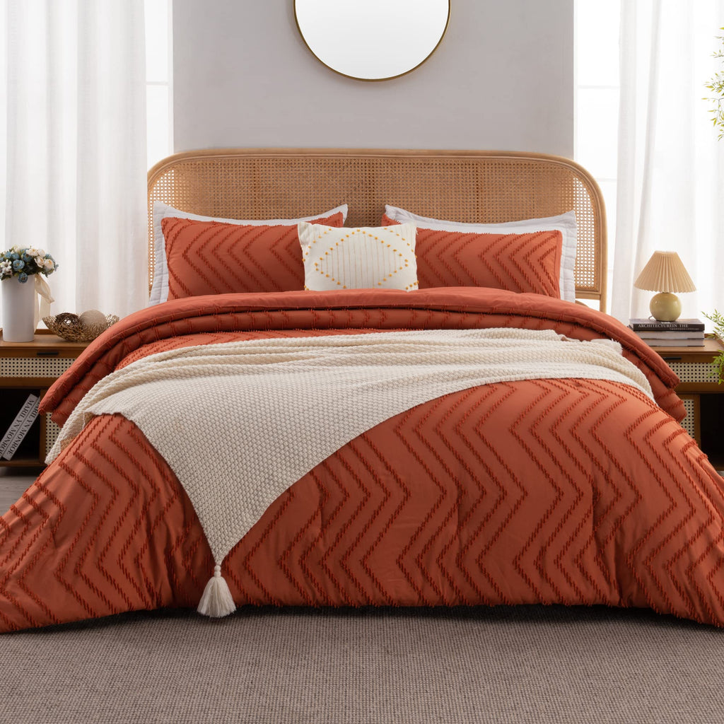 Litanika Burnt Orange King Comforter Set, 3 Pieces Lightweight Terracotta Rust Boho Fall Tufted Bedding Sets, Down Alternative C