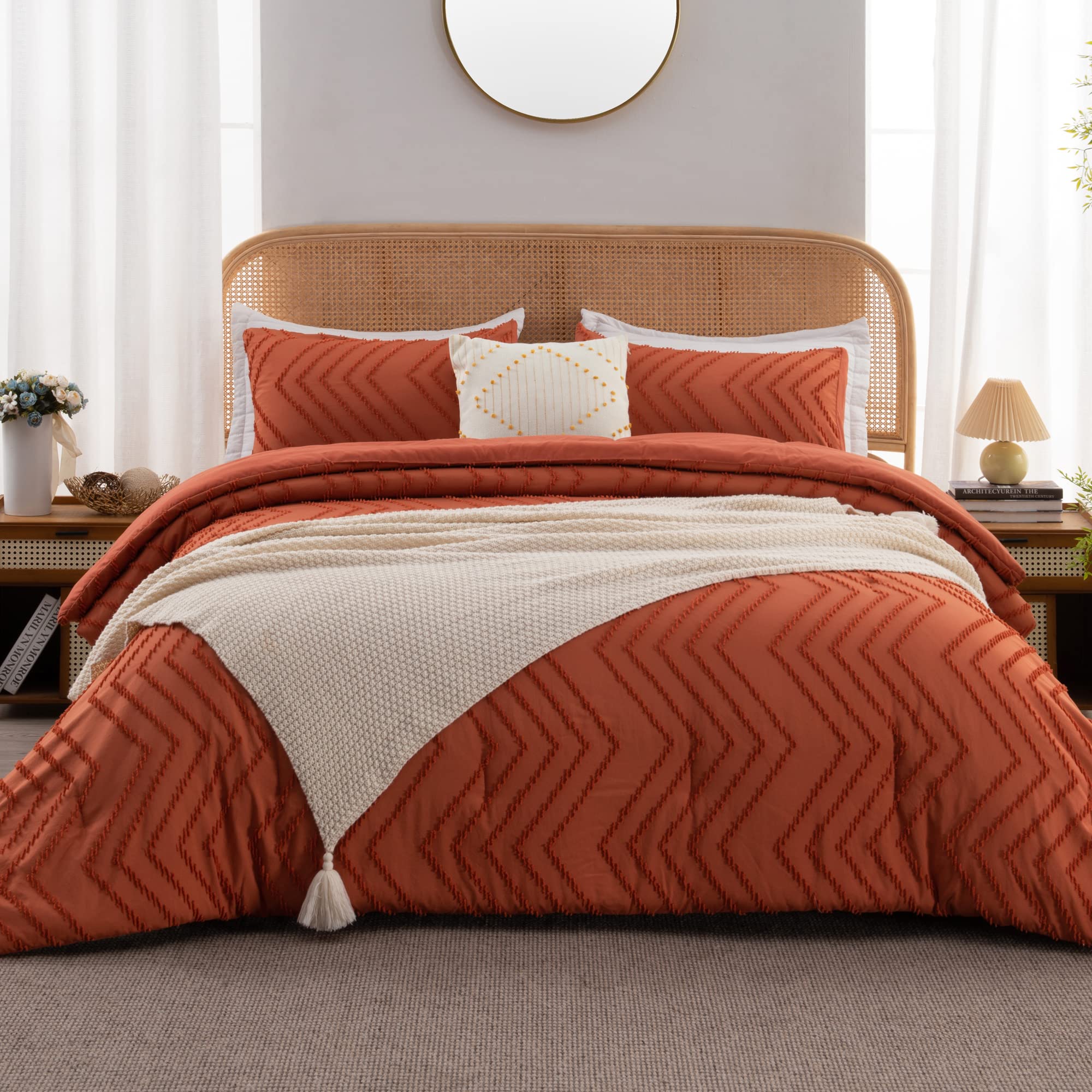 Litanika Burnt Orange King Comforter Set, 3 Pieces Lightweight Terracotta Rust Boho Fall Tufted Bedding Sets, Down Alternative C