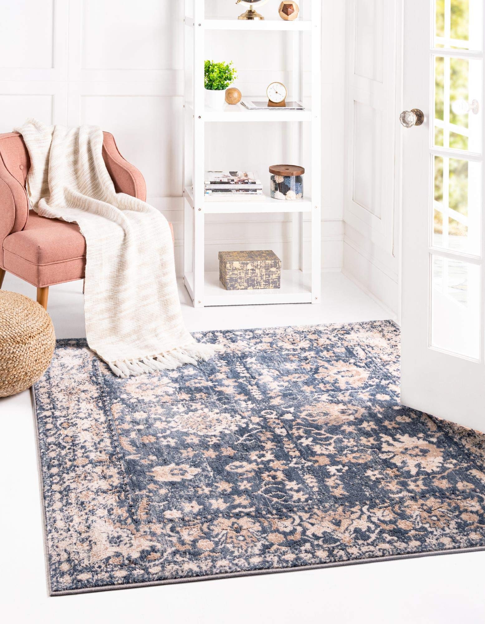 Rugs.com Oregon Collection Rug - 5 Ft Square Blue Low-Pile Rug Perfect for Living Rooms, Kitchens, Entryways