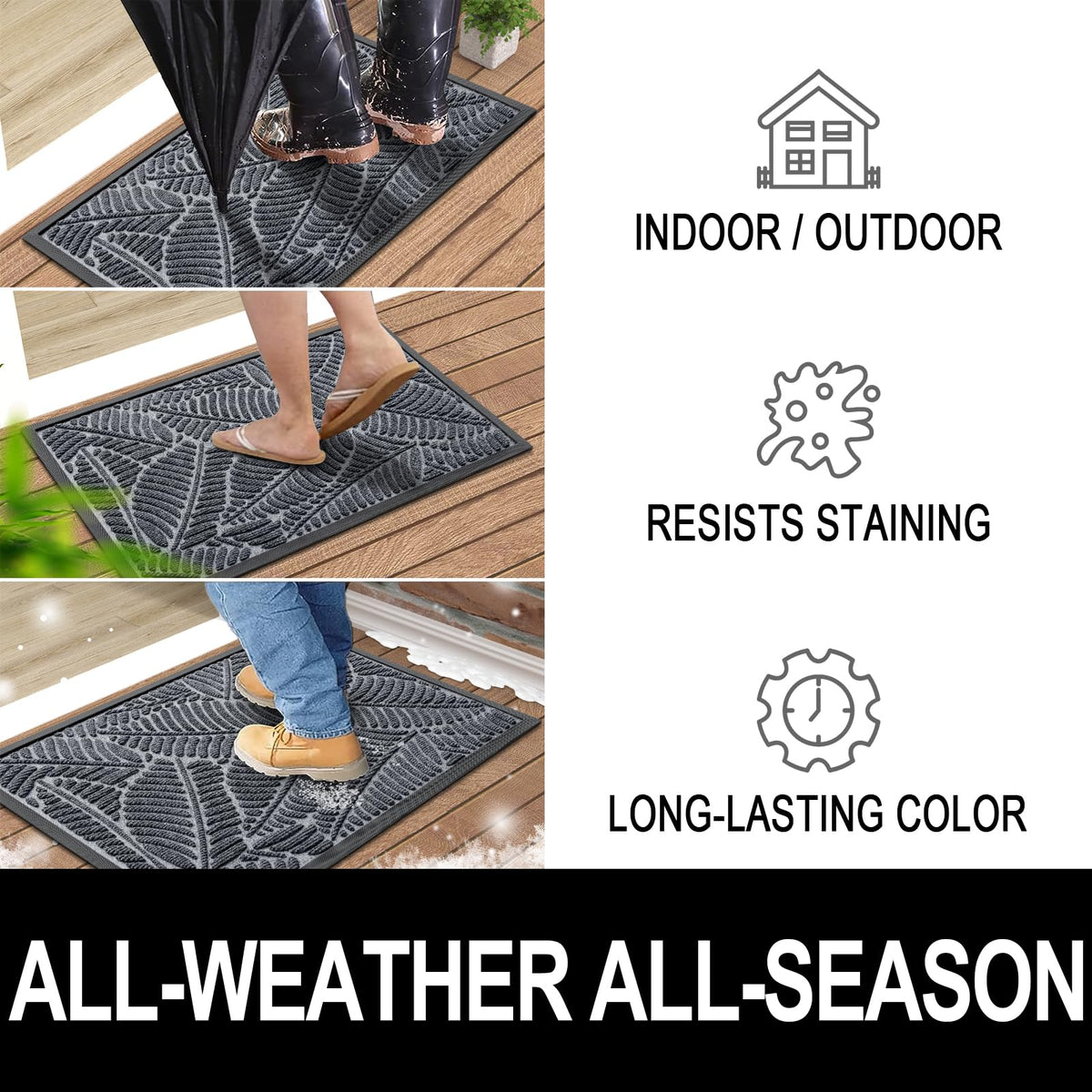Colorxy Waterproof Doormat, Sturdy Natural Rubber Front Indoor Mat, Non Slip Low Profile Indoor Outdoor Door Mat, Stain And Fade Resistant Floor Mat, Easy Clean Patio Entrance Mat, 36''X24'', Grey