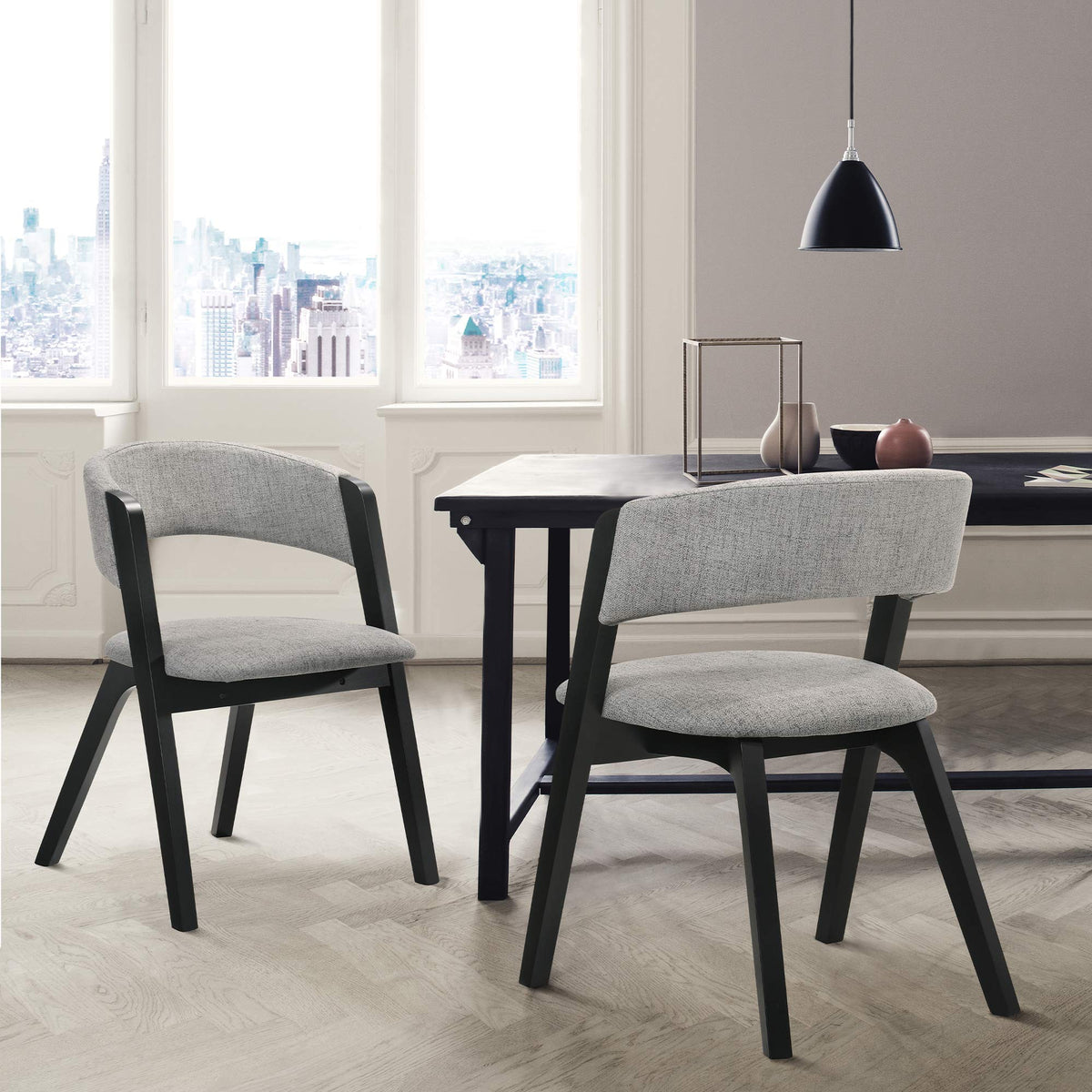 Armen Living Rowan Mid-Century Modern Accent Dining Chair Finish Fabric-Set of 2, 21'' Wide, Black/Grey