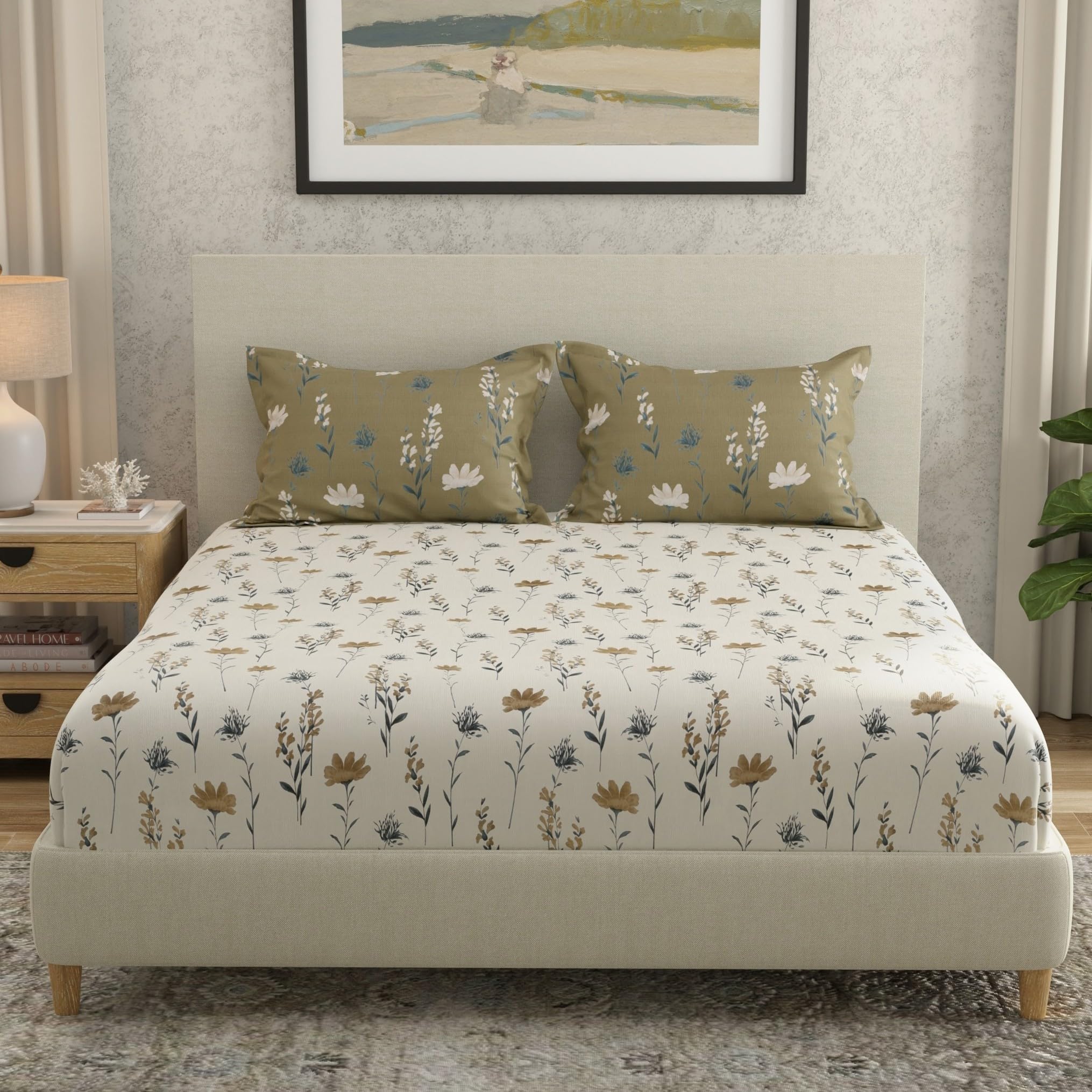 Huesland By Ahmedabad Cotton 144 Tc Double Bedsheet Cotton With 2 Pillow Covers | White, Olive Green & Grey