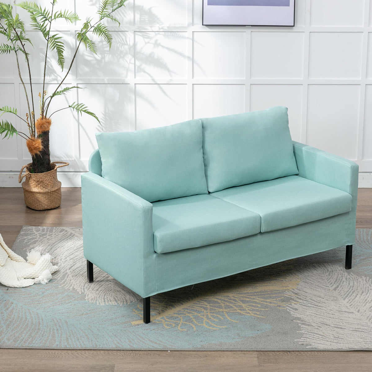 Tyboatle 51' W Linen Fabric Upholstered Modern Loveseat Sofa Couch For Living Room, Love Seats 2-Seater Furniture W/Iron Legs For Compact Space, Apartment, Bedroom, Dorm, Office, Aqua Blue