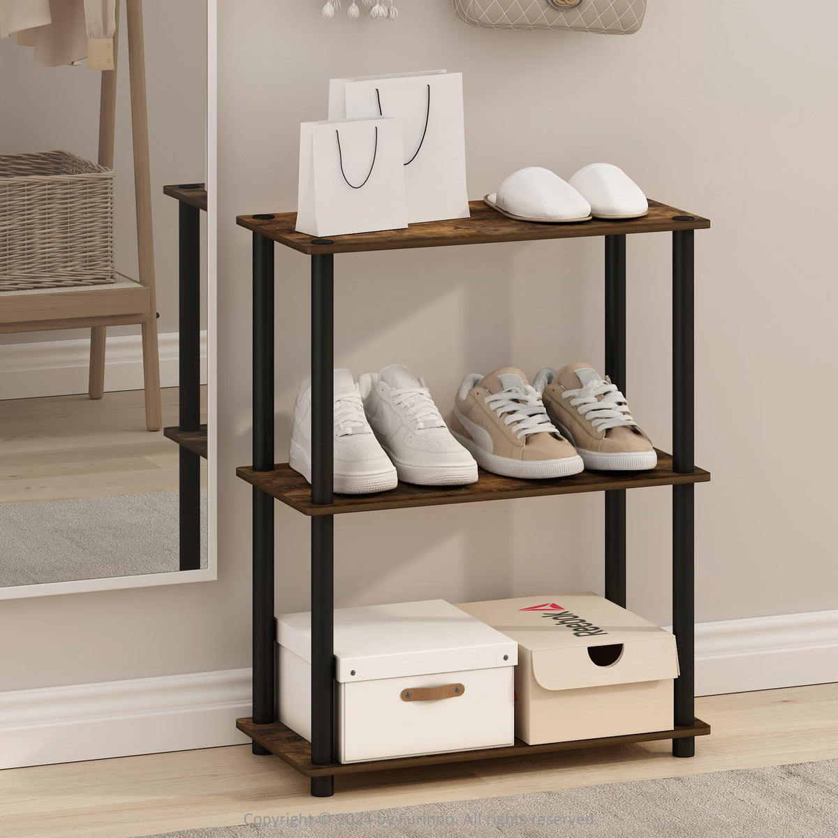 Furinno Turn-N-Tube 3-Tier Compact Multipurpose Shelf Display Rack, Amber Pine/Black