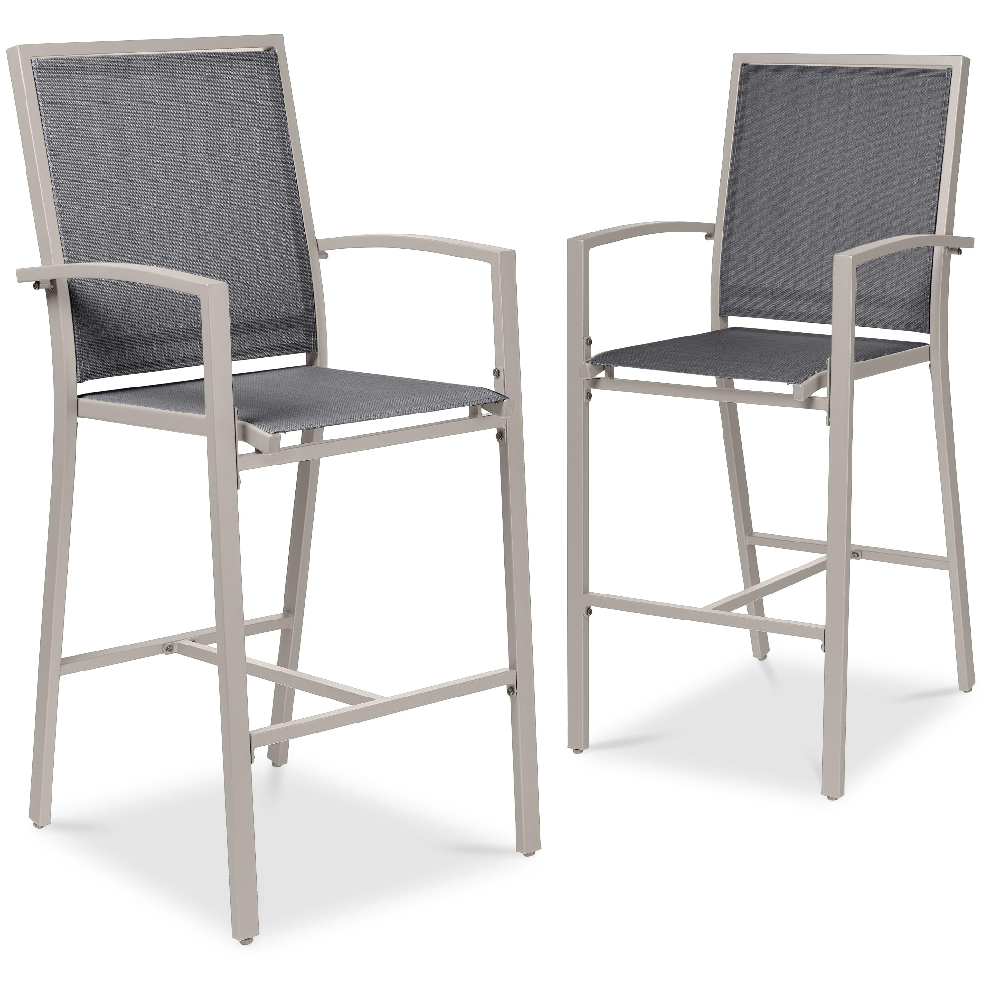 Best Choice Products Outdoor Bar Stools Set of 2, Bar Height, Patio Furniture, All Weather Mesh Design w/Armrest - Taupe/Charcoa