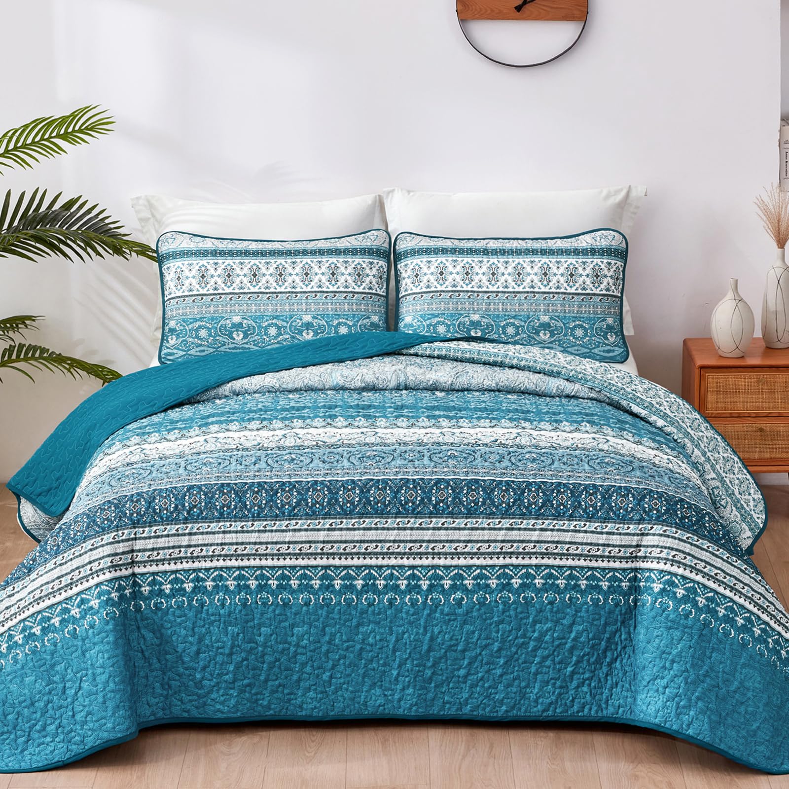 Wongs Bedding Boho Queen Quilt Set, Teal And Blue Bohemian Quilt Bedding Set, Lightweight Bed Decor Bedspread For All Season Rev