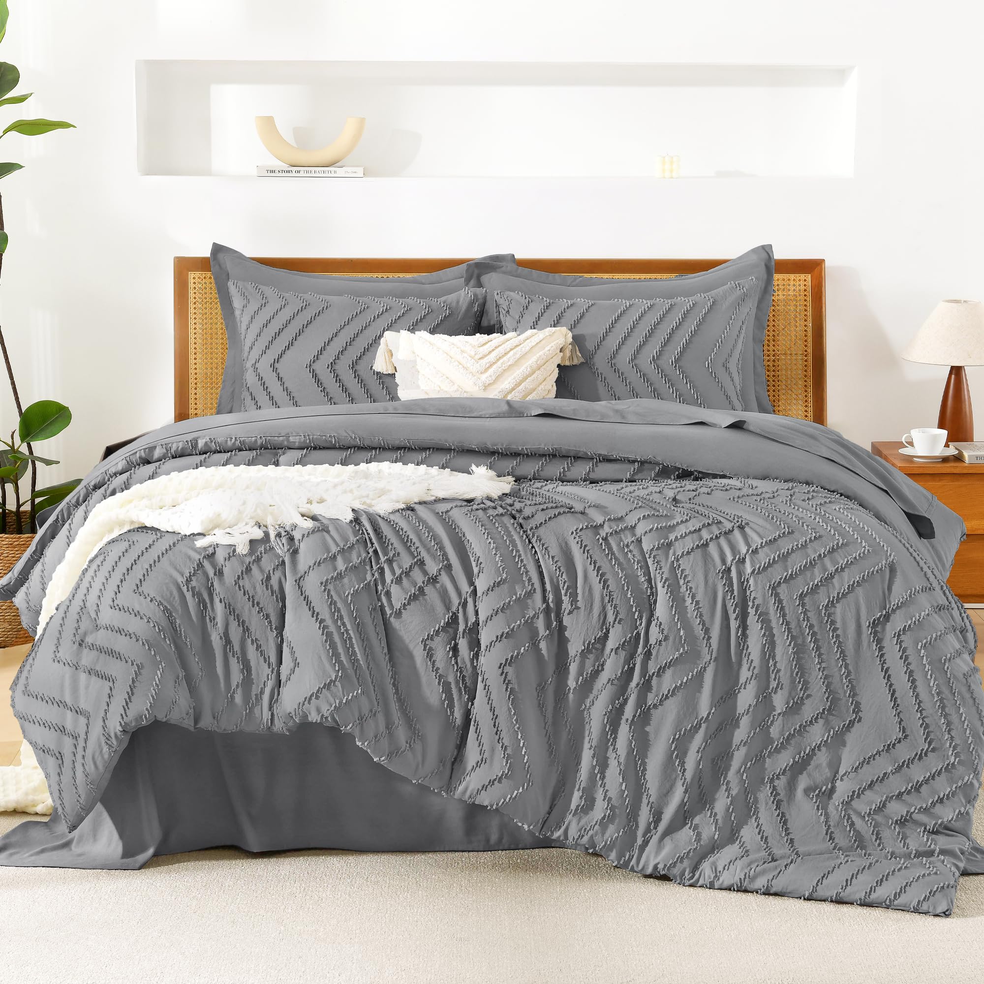 Litanika King Size Comforter Set With Sheets Medium Gray - 7 Pieces Bed In A Bag King Chevron Tufted Complete Beddding Sets With