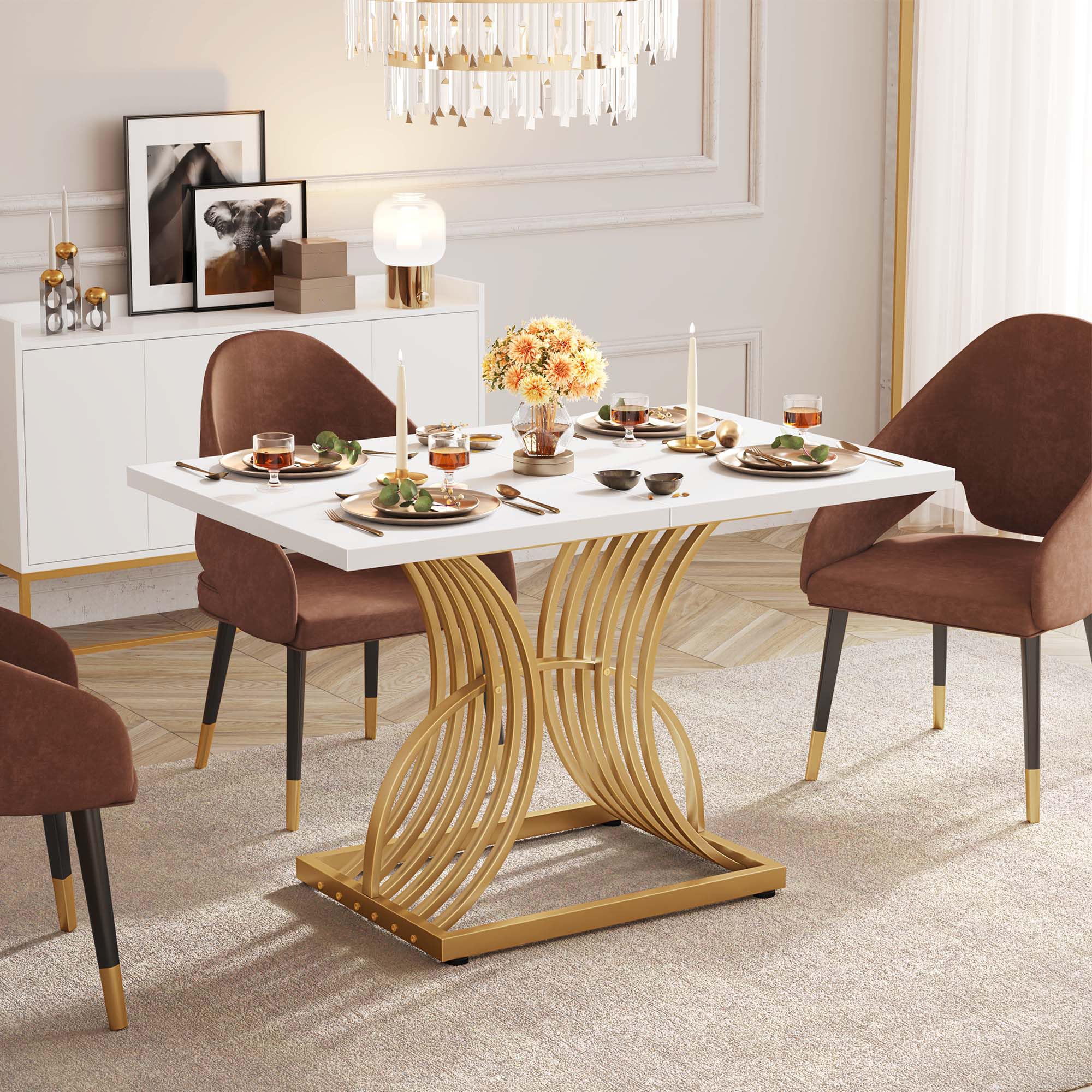 DWVO Modern Dining Table for 4 People 47 Inch Rectangular Kitchen Table with White Tabletop and Gold Geometric Legs Small Dinner