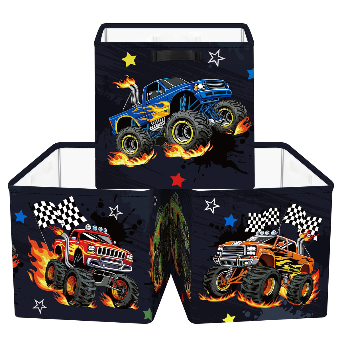 HUUMONSS 11.8 Construction Vehicles Cube Storage Organizer Set 3Pcs Cars Cube Storage Bin for Bathroom/Bedroom Parent Book Ches