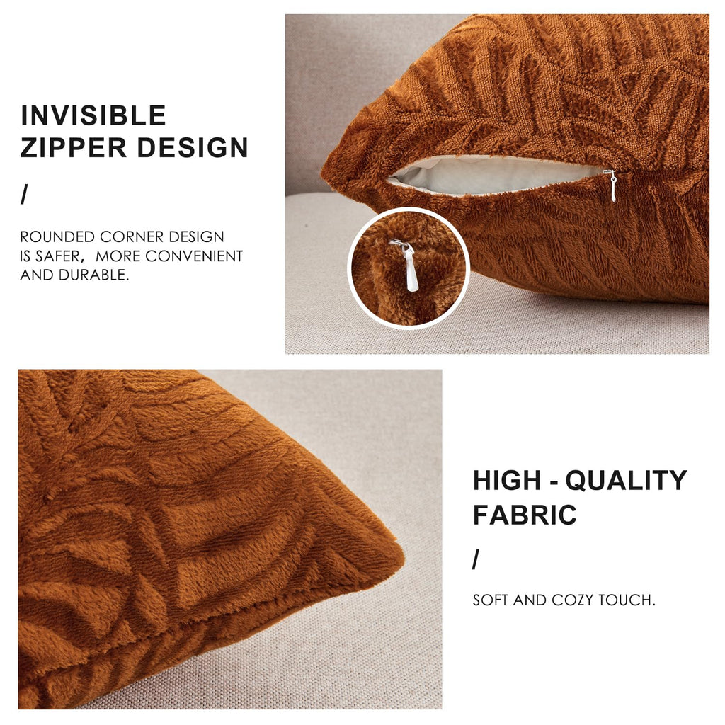 Sochow Fall Decorative Throw Pillow Covers 18X18 Inches Set Of 2, Soft Leaves Textured Flannel Fleece Pillowcase Square Cushion