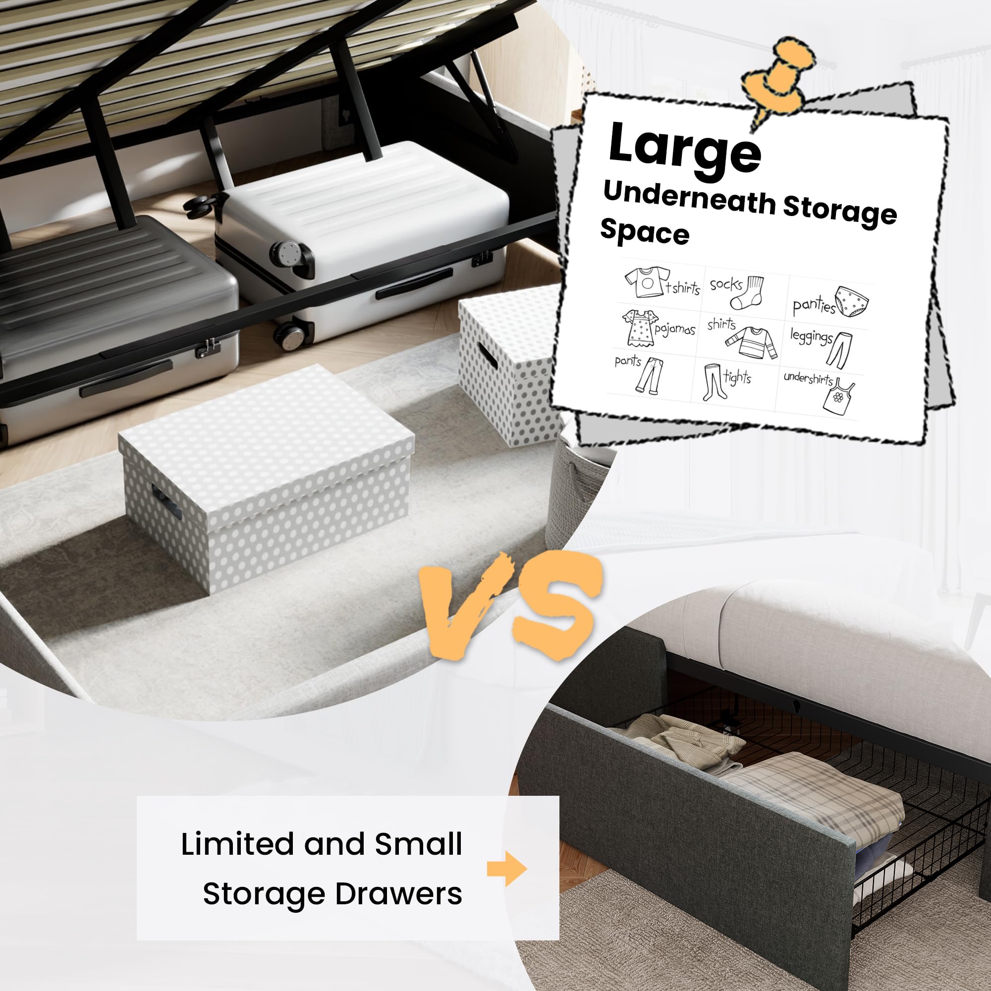 Sha Cerlin Queen Size Lift Up Storage Bed/Button Tufted Wingback Headboard/Hydraulic Storage/Upholstered Platform Bed Frame/No Box Spring Needed/Wood Slats Support/Light Beige