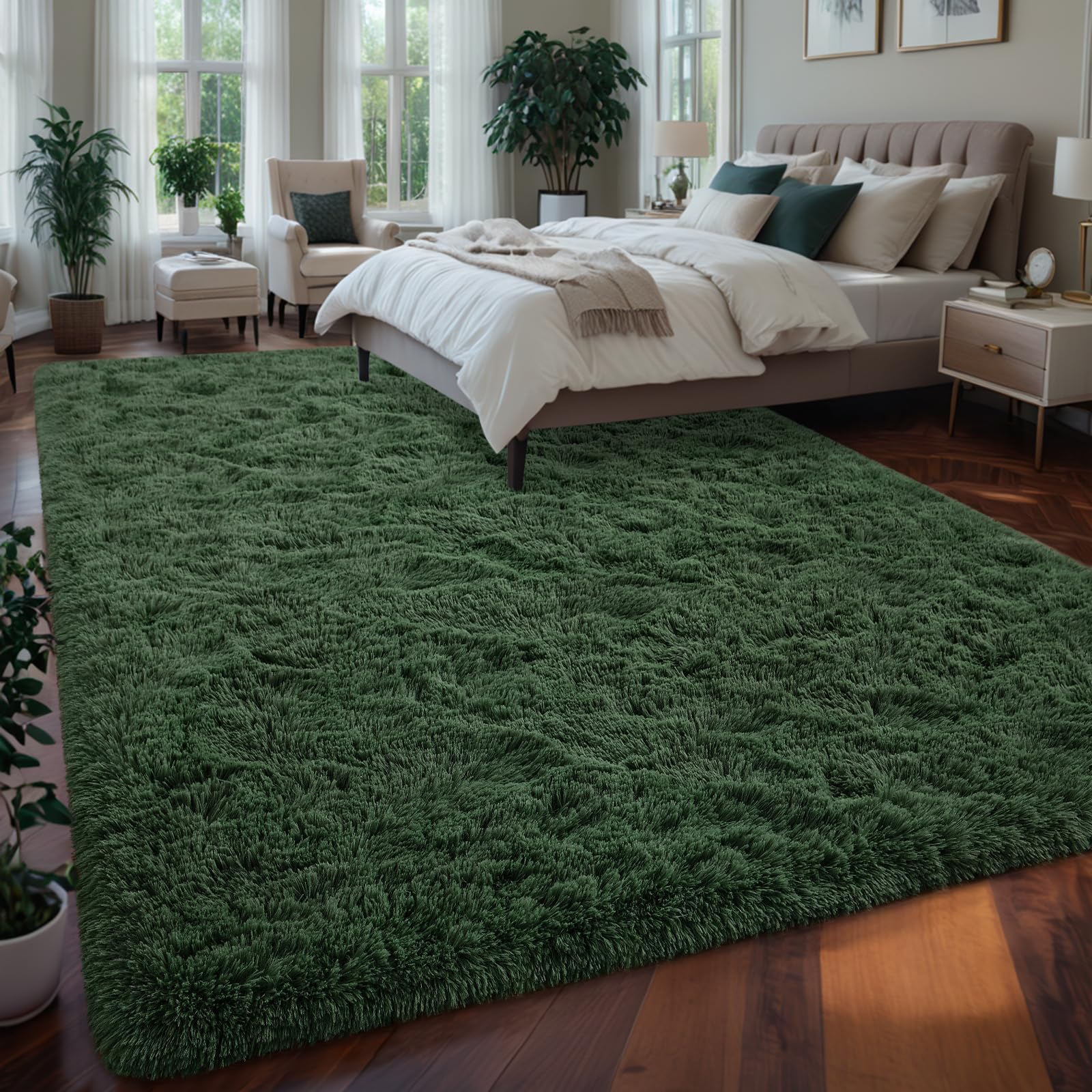 Larhom Fluffy Area Rugs For Living Room Bedroom, 5X8 Dark Green Ultra Soft Plush Fuzzy Rug, Anti-Skid Indoor Carpet Nursery Rugs