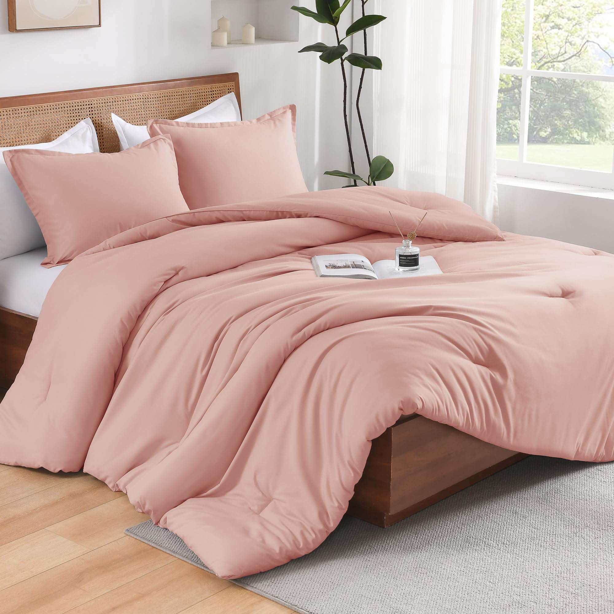 Andency California King Size Comforter Set, 3 Pieces Blush Pink Boho Solid Bedding Comforter Set, Modern Reversible Soft Fluffy Cal King Bed Set For All Season