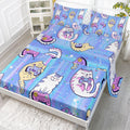 Datura Home Bedding Fitted Sheet And Flat Sheet Set 4Pcs Blue Cat Printed Bedding Set With 1 Flat Sheet And 1 Fitted Sheet + 2 P
