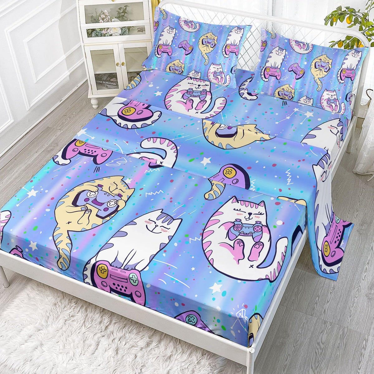 Datura Home Bedding Fitted Sheet And Flat Sheet Set 4Pcs Blue Cat Printed Bedding Set With 1 Flat Sheet And 1 Fitted Sheet + 2 P