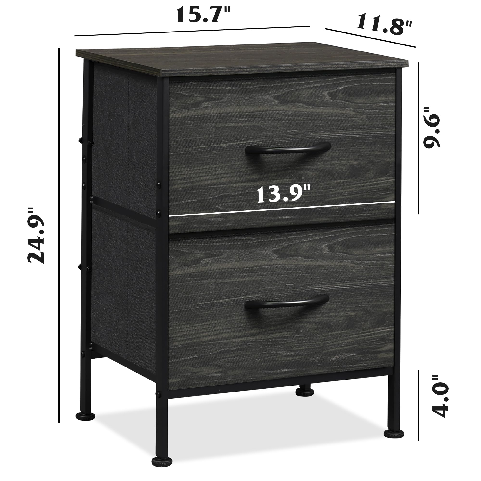 Wlive Nightstand, Nightstand With 2 Drawers, Bedside Furniture, Night Stand, Small Dresser For Bedroom, College Dorm, End Table With Fabric Bins, Dormitory, Charcoal Black Wood Grain Print, Size L