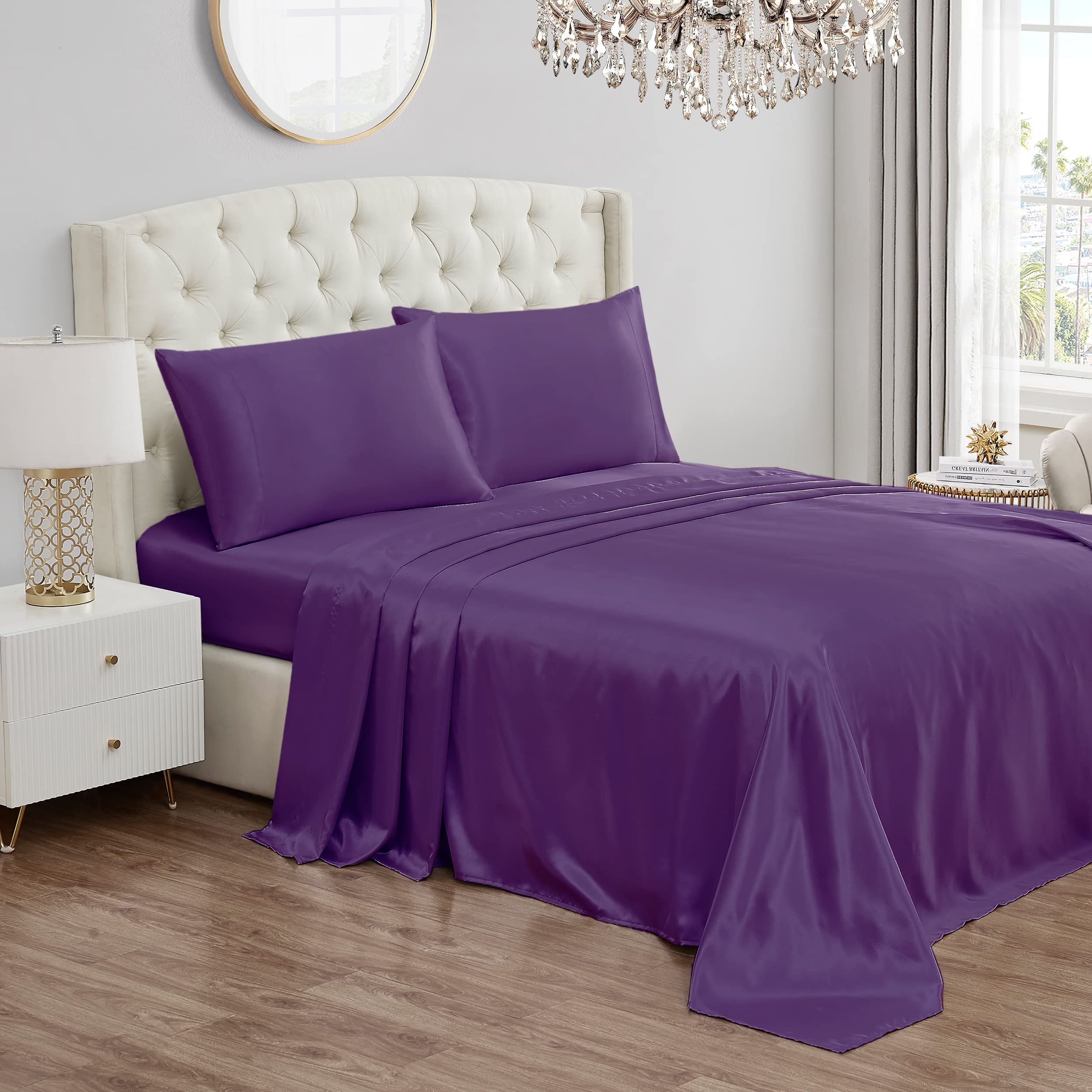 Juicy Couture Twin Size Satin Bed Sheet Set, Deep Pocket Silky Satin Twin Sheet Set With 1 Fitted Sheet, 1 Flat Sheet And 1 Pill