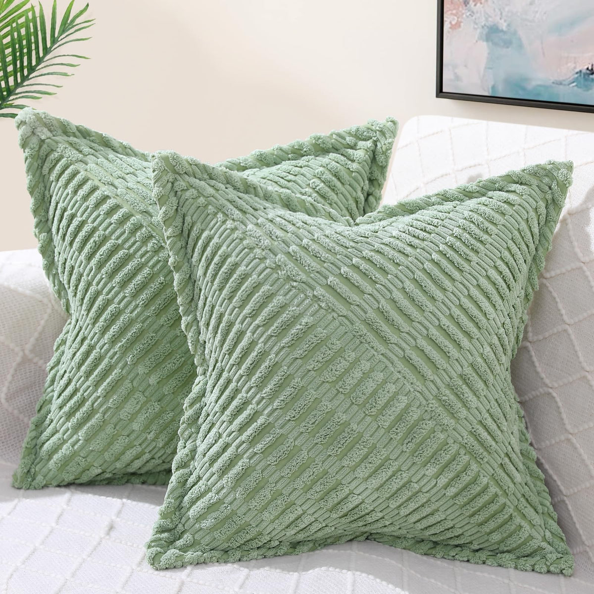 decorUhome Decorative Spring Sage Green Throw Pillow Covers 16x16 Set of 2 with Splicing, Boho Soft Corduroy Broadside Twill Pil