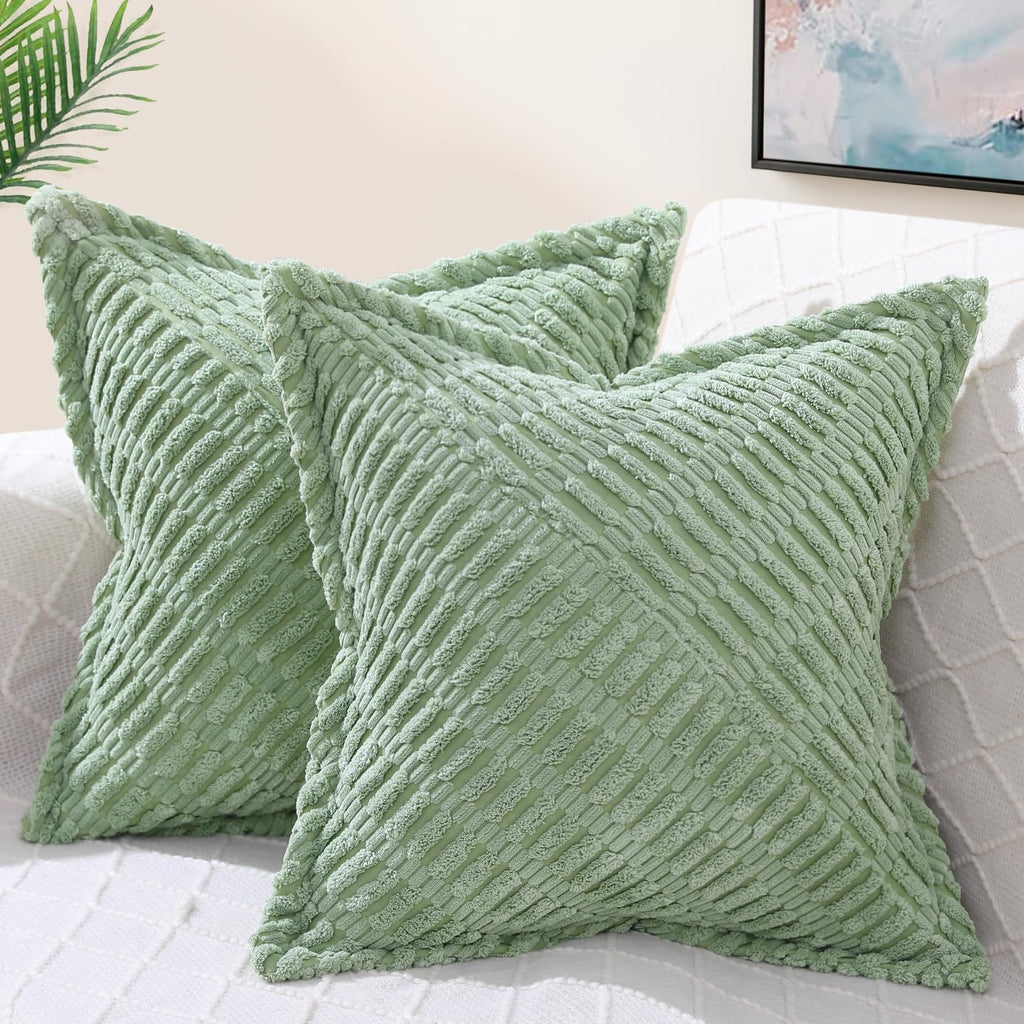 decorUhome Decorative Spring Sage Green Throw Pillow Covers 20x20 Set of 2 with Splicing, Boho Soft Corduroy Broadside Twill Pil