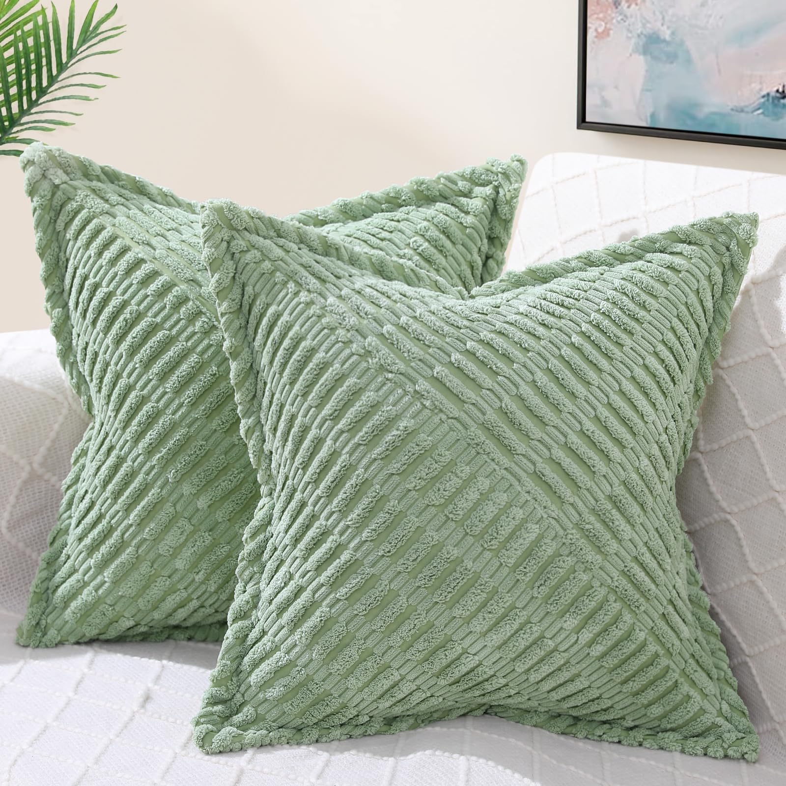 decorUhome Decorative Spring Sage Green Throw Pillow Covers 20x20 Set of 2 with Splicing, Boho Soft Corduroy Broadside Twill Pil