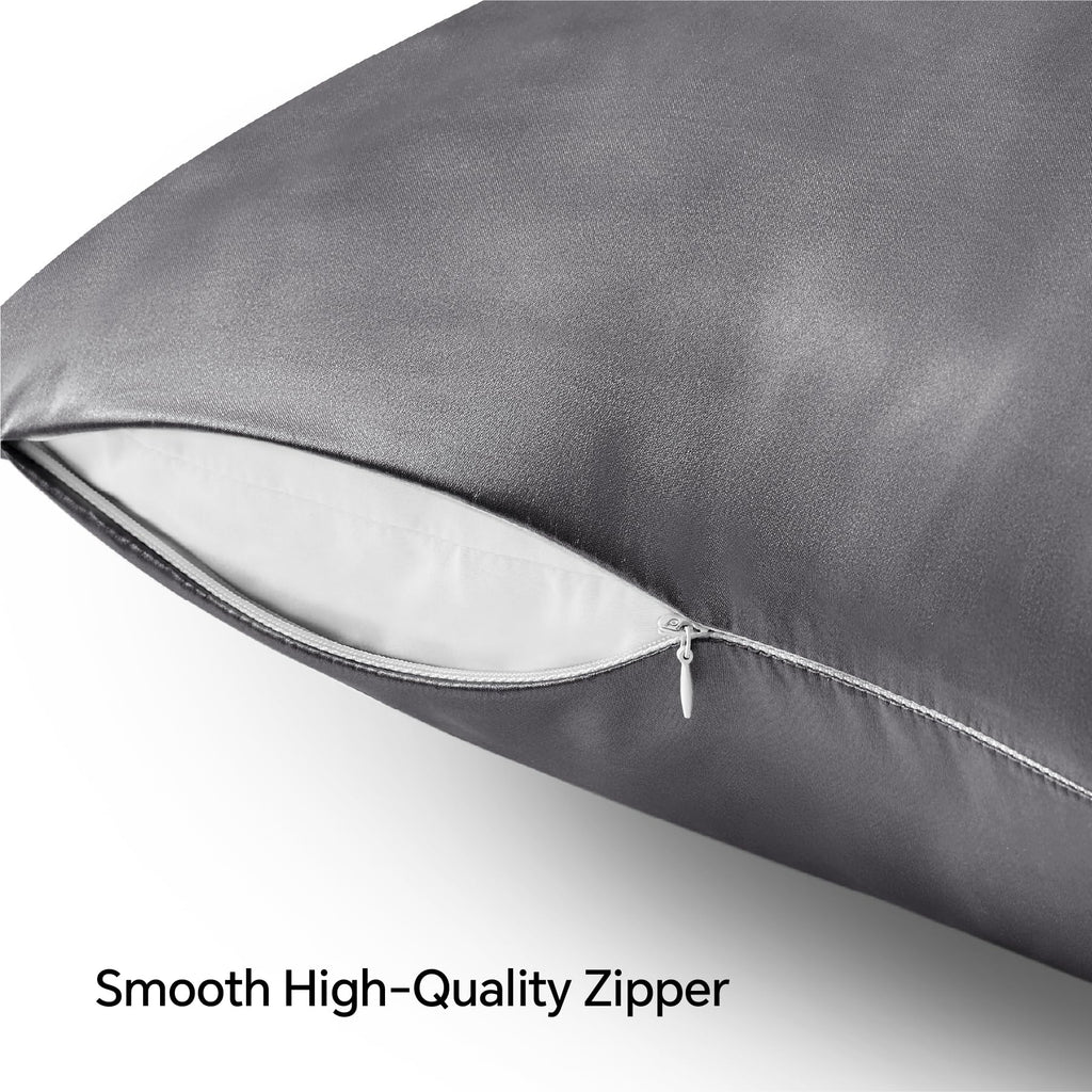 Bedelite Satin Pillowcase With Zipper, Dark Grey Pillow Cases Queen Size Set Of 2, Super Soft And Cooling Similar To Silk Pillow