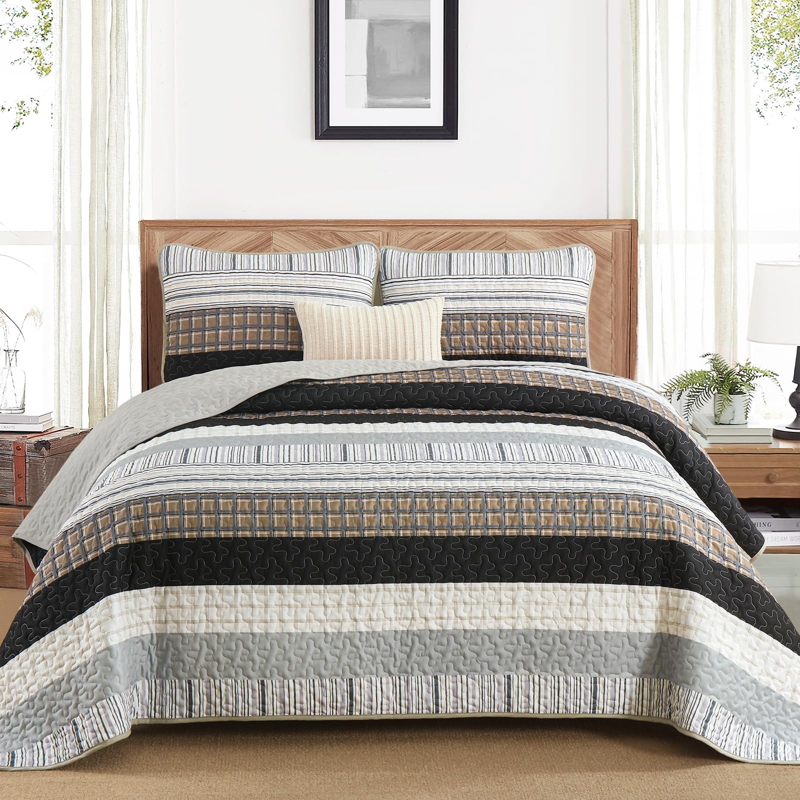 Djy Striped Quilt Set King Size, Brown Boho Bedspread Set 3 Pieces Patchwork Coverlet Bedding Set Lightweight Soft Microfiber Fo