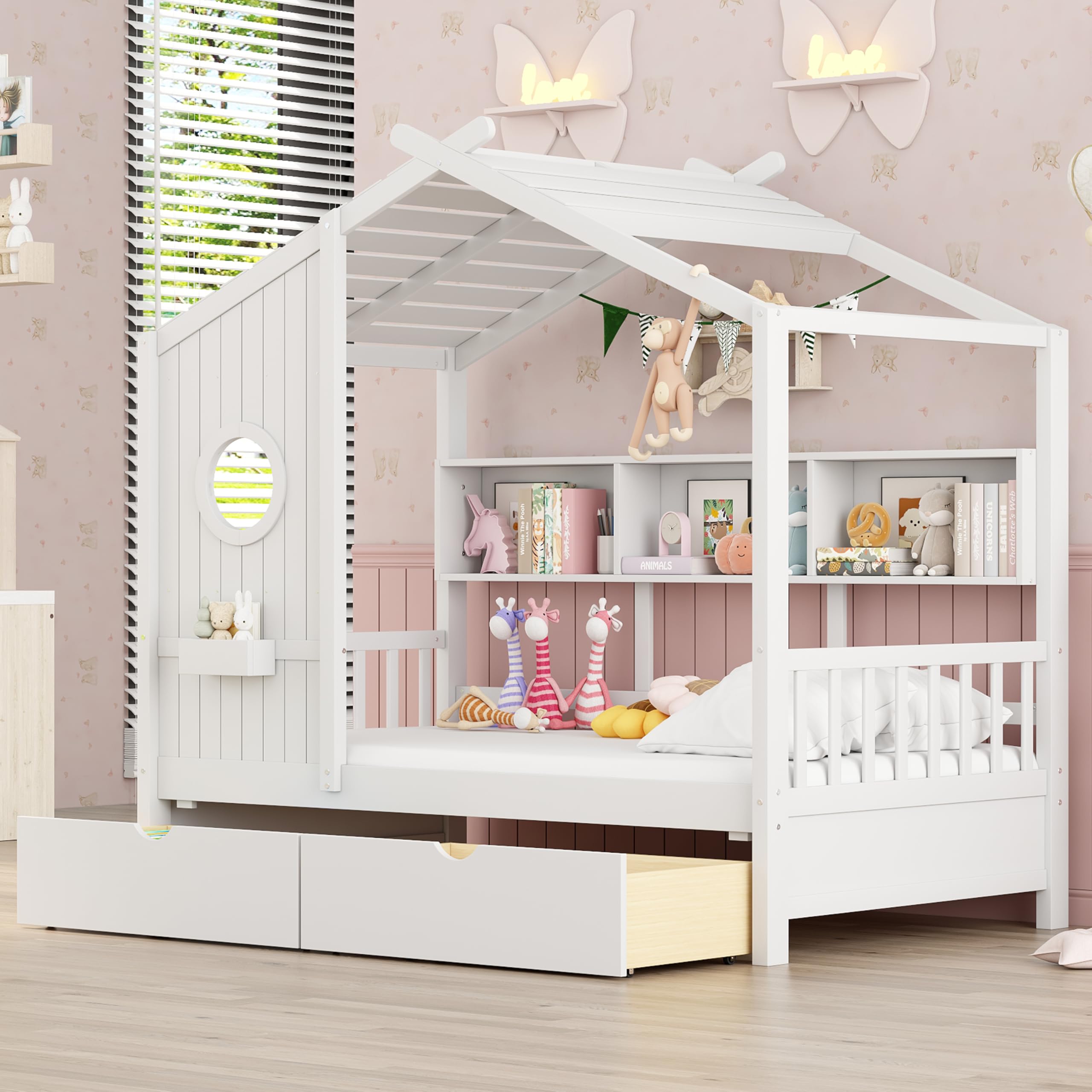 Twin Size House Bed with Storage Drawers,Kids House Bed Frame with Shelves,Cute Wood House Bed Twin with Roof for Kids,Girls,Boy