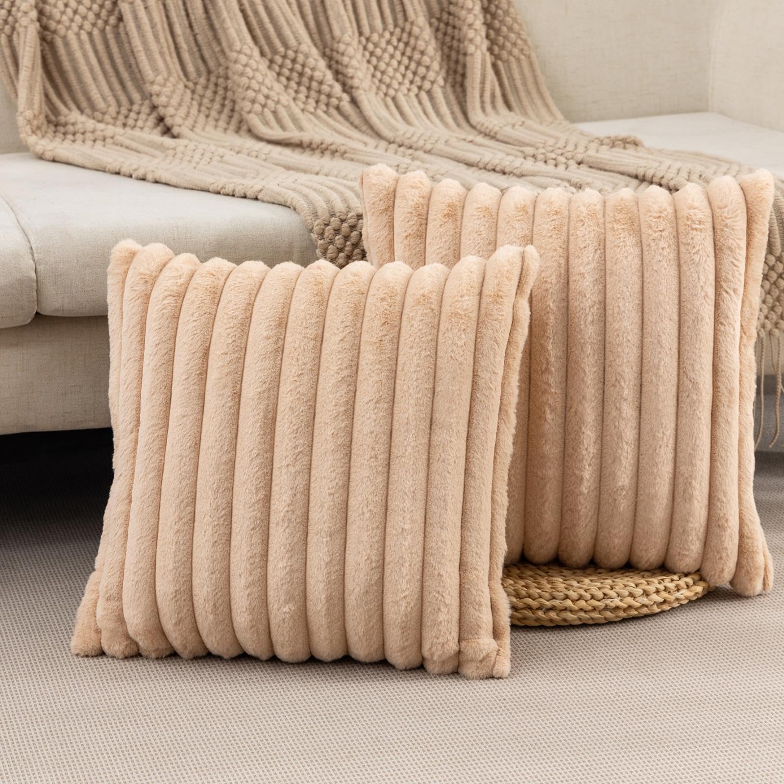 Zlina Set Of 2 Faux Fur Plush Apricot Throw Pillow Covers Fluffy Striped Pillowcase Cushion Covers 24 X 24 Inch Decor Sofa Couch