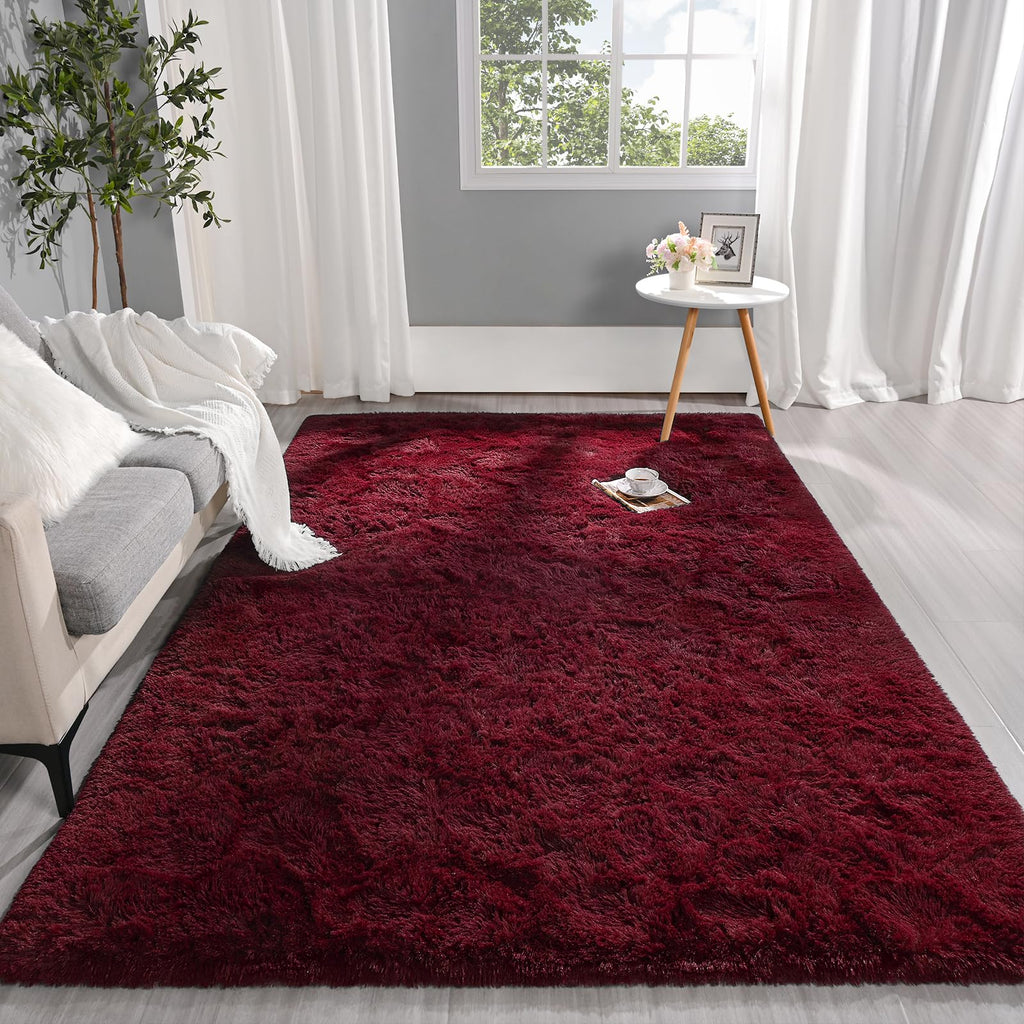 Pettop Fluffy Burgundy Rug For Bedroom Living Room, 3X5 Feet Rectangle Rug Plush Fuzzy Carpet For Girls Kids Boys, Non-Slip And
