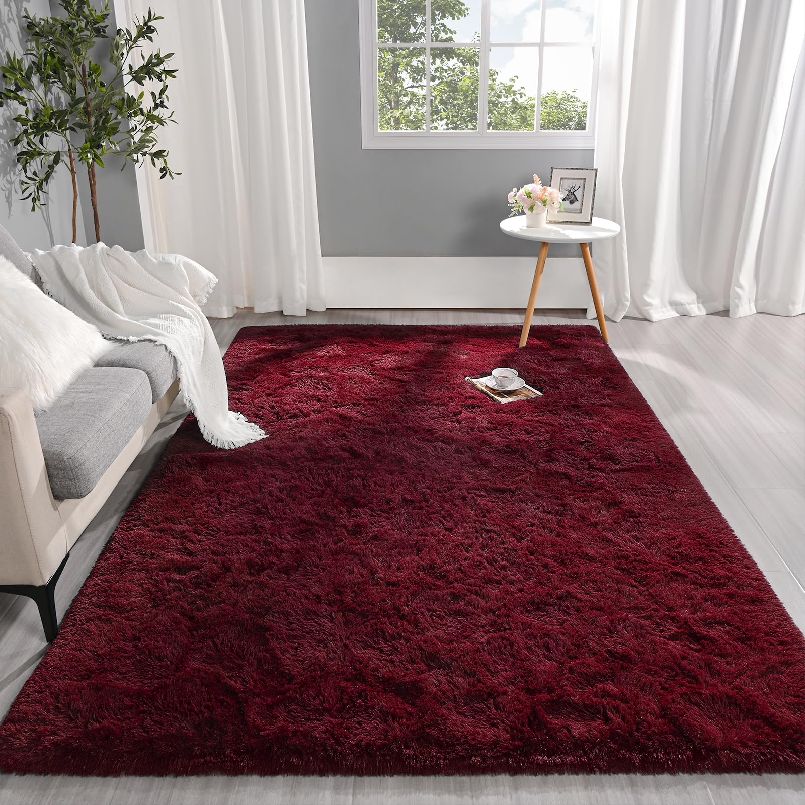 Pettop Fluffy Burgundy Rug For Bedroom Living Room, 3X5 Feet Rectangle Rug Plush Fuzzy Carpet For Girls Kids Boys, Non-Slip And