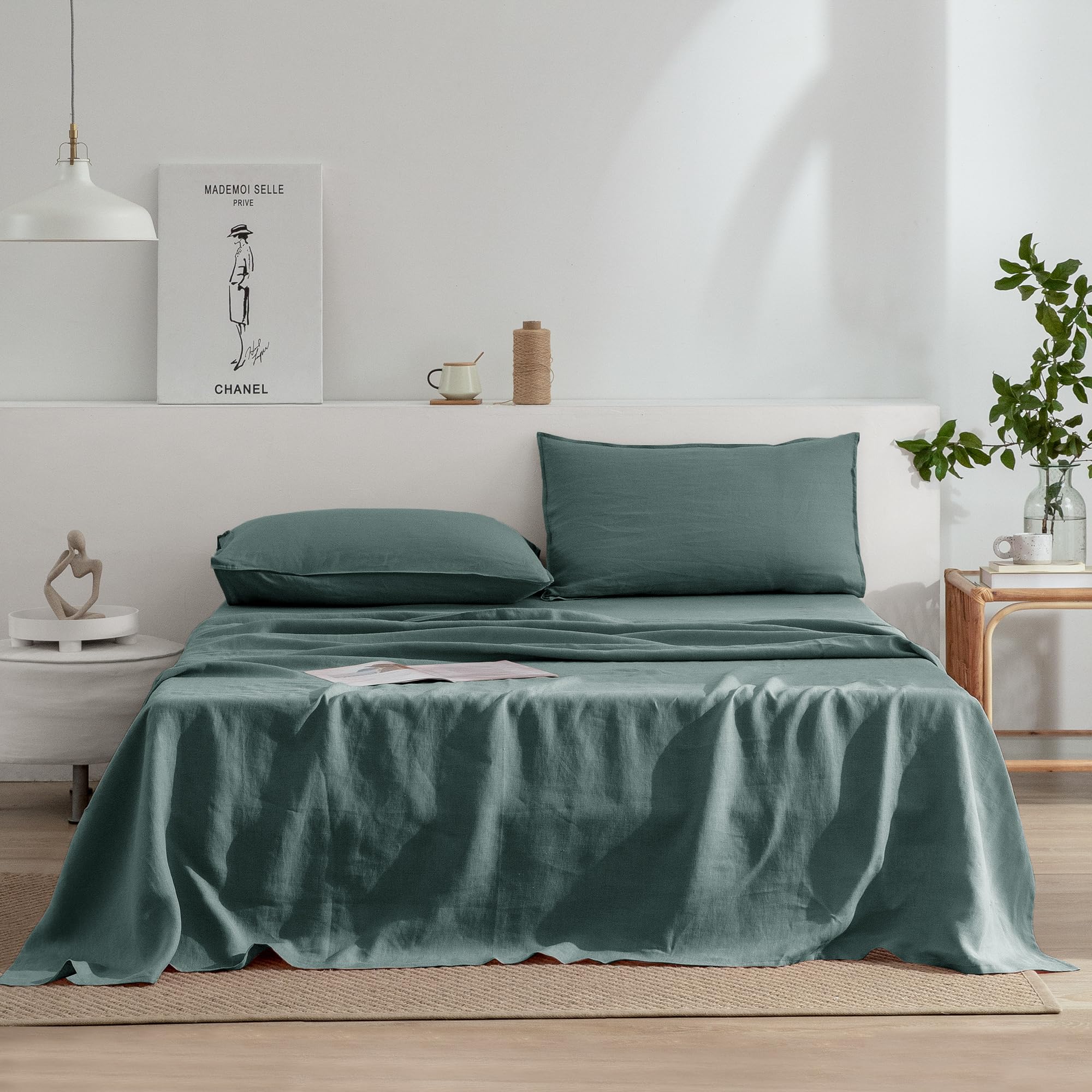 EVERLY Linen Sheets California King Size,100% Stonewashed French Linen Sheets Deep Pocket Sheets,4Pieces (1Flat Sheet,1Fitted Sh