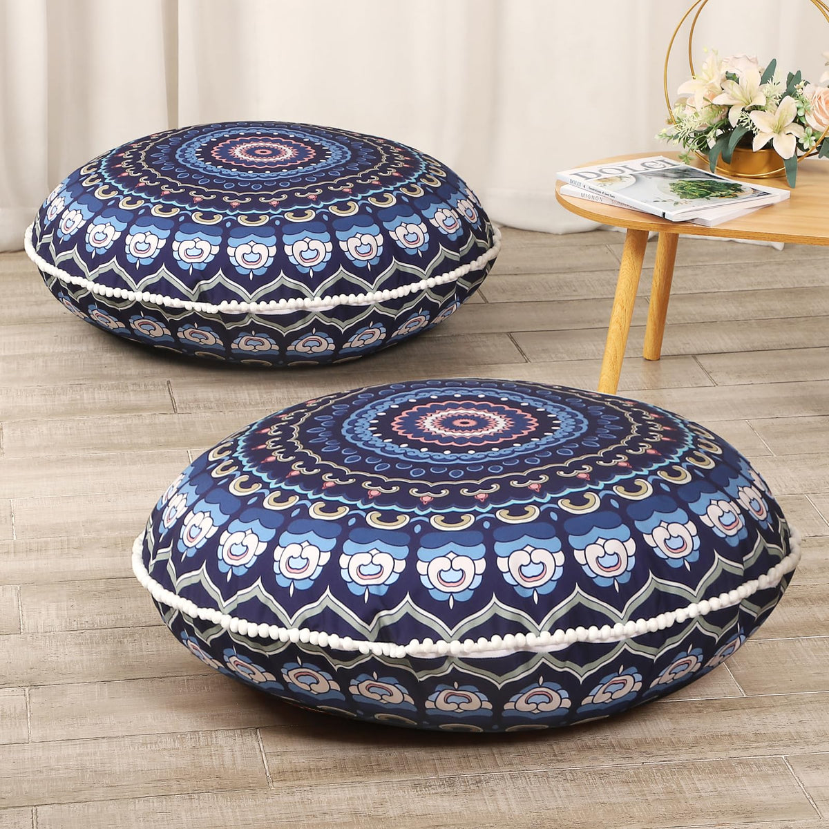 Lovmoc 32 Inches Meditation Floor Cushion For Adults, 2 Pack Round Large Thick Floor Pillow, Memory Foam Filling, Navy Blue