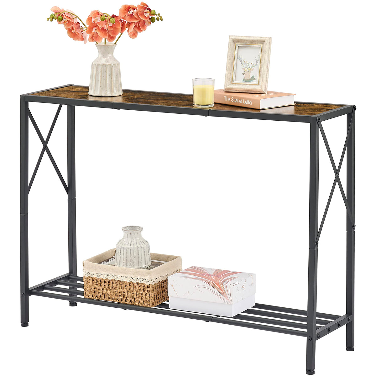 Tajsoon Console Table, 2-Tier Industrial Entryway Table, 41.8”L Narrow Sofa Table With Shelves, Entrance Table For Entryway, Hallway, Living Room, Foyer, Corridor, Office, Rustic Brown