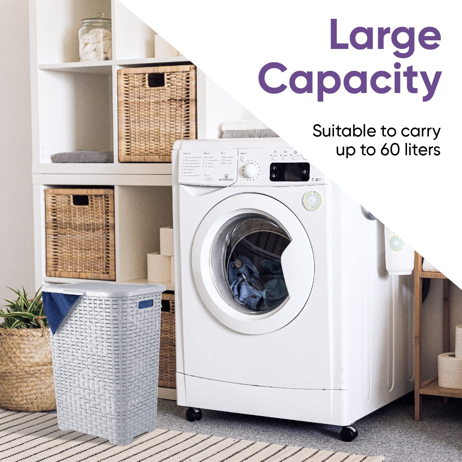 Superio Slim Deluxe Laundry Hamper Wicker, 60 Liter Ivory, Beige, Model:502-503-504