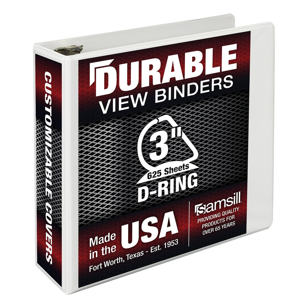 Samsill Durable 3 Inch Binder, Made In The Usa, D Ring Binder, Customizable Clear View Cover, White, Holds 625 Pages