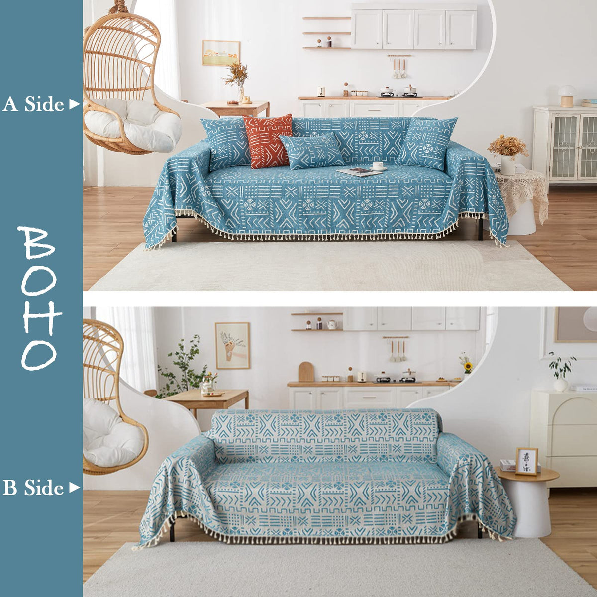 Handontime Turquoise Couch Protector For Dogs Boho Tassel Blue Couch Cover Farmhouse Sofa Covers Aztec Tribal Couch Covers For 3 Cushion Couch Sofa Universal Sofa Slipcover For Home Décor, 71' X118'