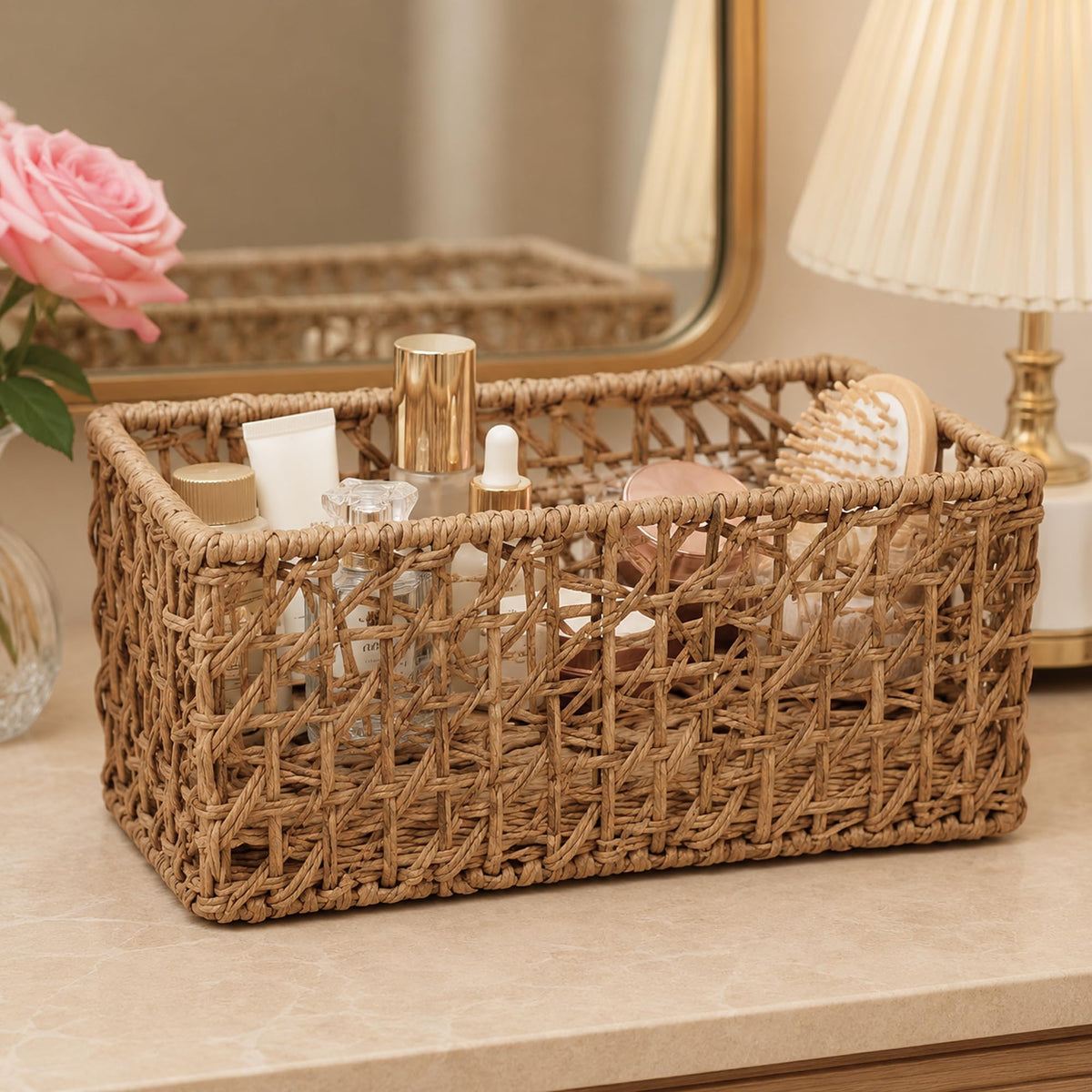 Habere IndiaAll The Cultures Fabricating India Woven Raffia Rectangular Basket | Versatile Storage Organiser For Wardrobe, Bath