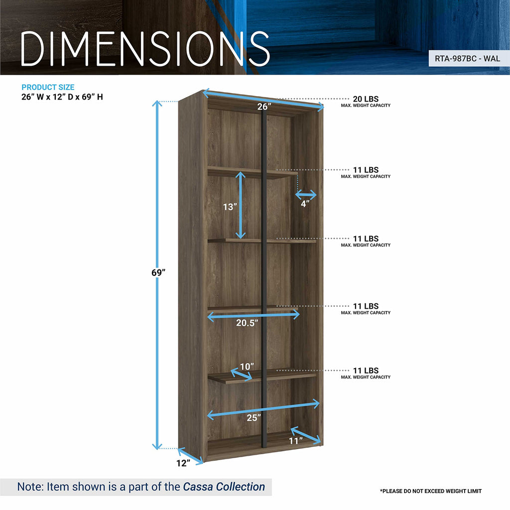 Techni Mobili 5 Shelf Bookcase - Walnut Vertical Standing Wood Bookshelf For Living Room, Bedroom & Home Office - Staggered Bookcase With Asymmetrical Shelves & Heavy Duty Steel Bar Cassa Collection