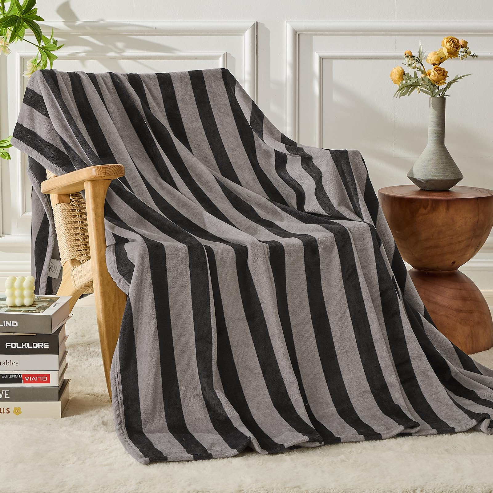 Fy Fiber House Striped Flannel Throw Blanket - Soft Cozy Striped Blanket For Couch, Sofa, Or Bed - 50'X60', Black Grey, All Se