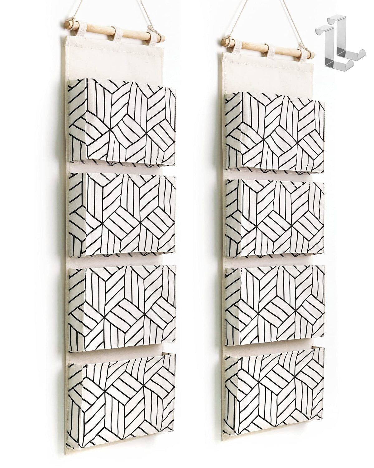 CROWNED 2Pcs Over Door Hanging Storage Bags Wall Mount Closet Organizer, 4 Big Pockets Linen Cotton Fabric Living Room Bedroom B