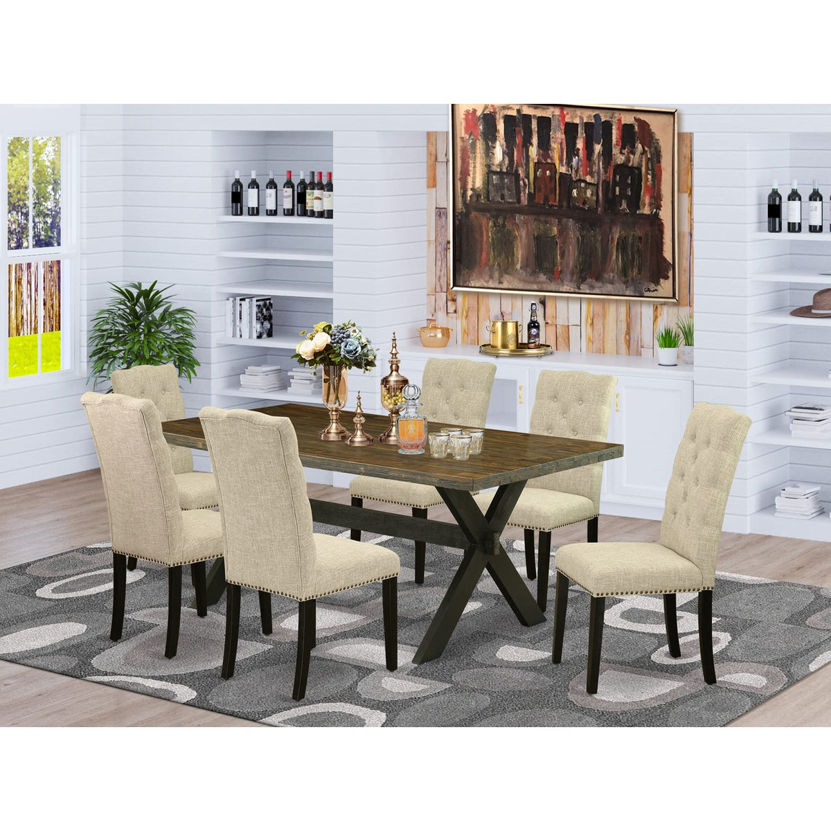 East West Furniture X026En257-7 7 Piece Kitchen Table Set Consist Of A Rectangle Dining Table With X-Legs And 6 Pond Faux Leather Parson Dining Room Chairs, 36X60 Inch, Multi-Color