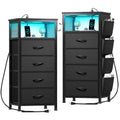 EnHomee Black Nightstand Set of 2,Night Stand with Charging Station & LED, Bedside Table with Fabric Drawers and Storage Shelf, 