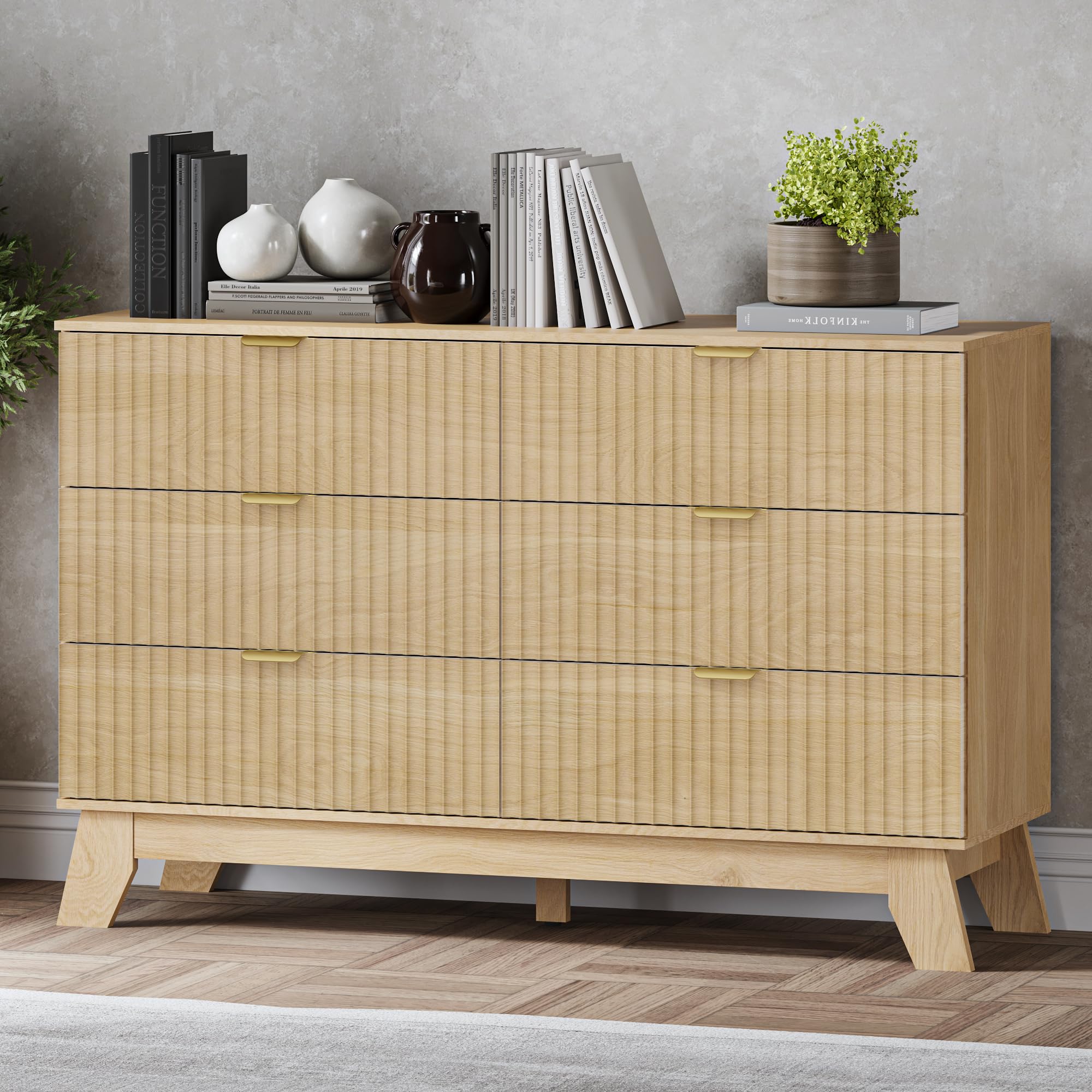 BORNOON Fluted 6 Drawer Dresser, 47.2  Wide Modern Boho Chest of Drawers, Wooden Storage Dresser TV Stand for Bedroom, Living Ro