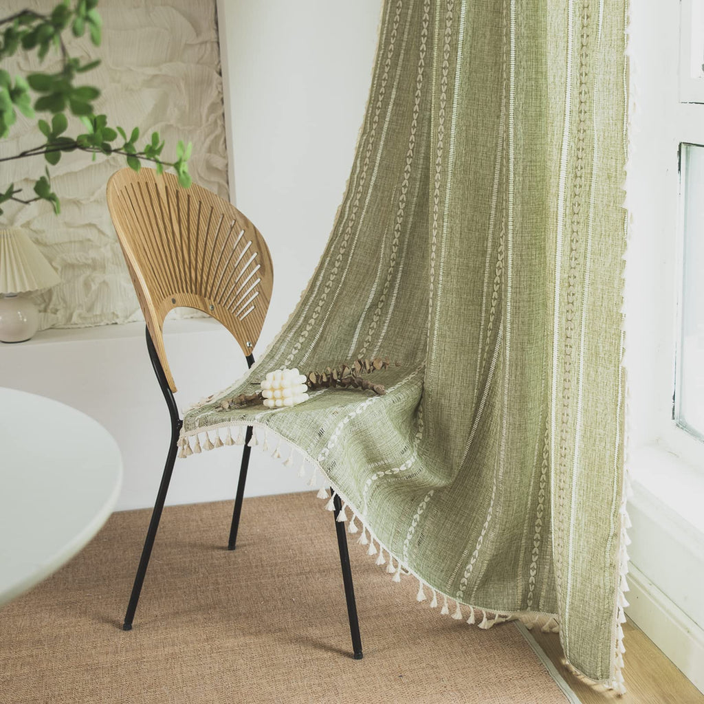 Sutuo Home Boho Curtains For Living Room Farmhouse, Semi-Blackout French Country Striped Linen Vintage Shabby Chic Tassels Hollow Window Treatment Bohemian Drape, 1 Panel 52' W X 90' L Green