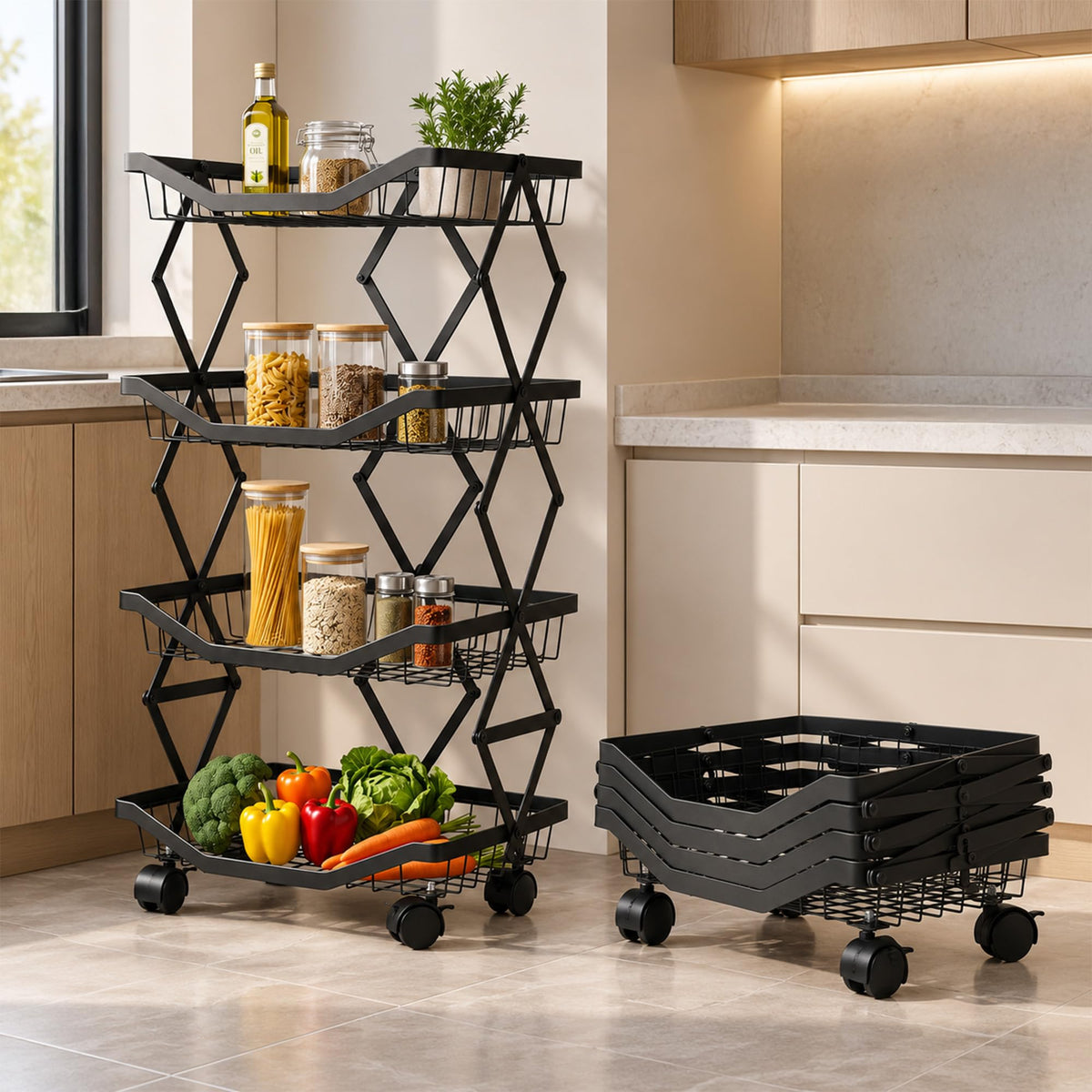 Dailora Metal 4 Tier Multipurpose Collapsible Kitchen Storage Rack With 360 Lockable Wheels | Ventilated Mesh Baskets, Fruit & V