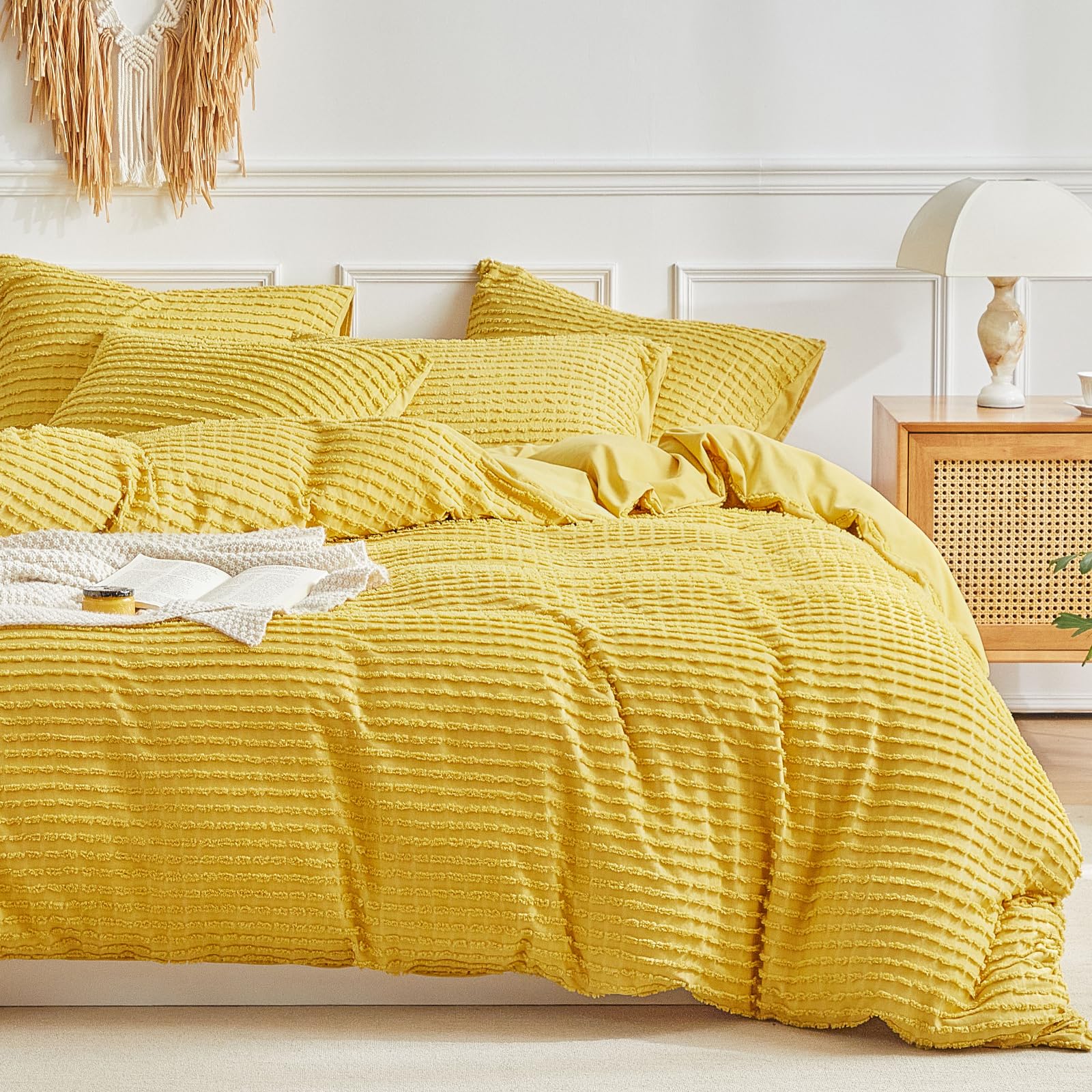 Warmdern Boho Duvet Cover Set Queen Size,Yellow Striped Duvet Cover Microfiber Bedding Set,3Pcs Ultra Soft Breathable Lightweigh