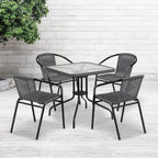 28 Square Glass Metal Table with Gray Rattan Edging and 4 Gray Rattan Stack Chairs