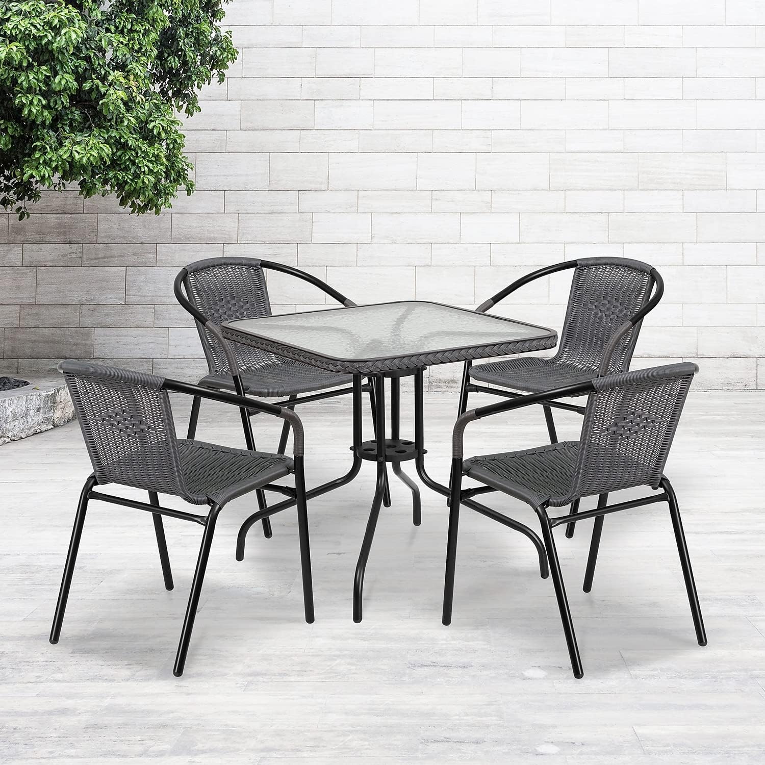 28 Square Glass Metal Table with Gray Rattan Edging and 4 Gray Rattan Stack Chairs
