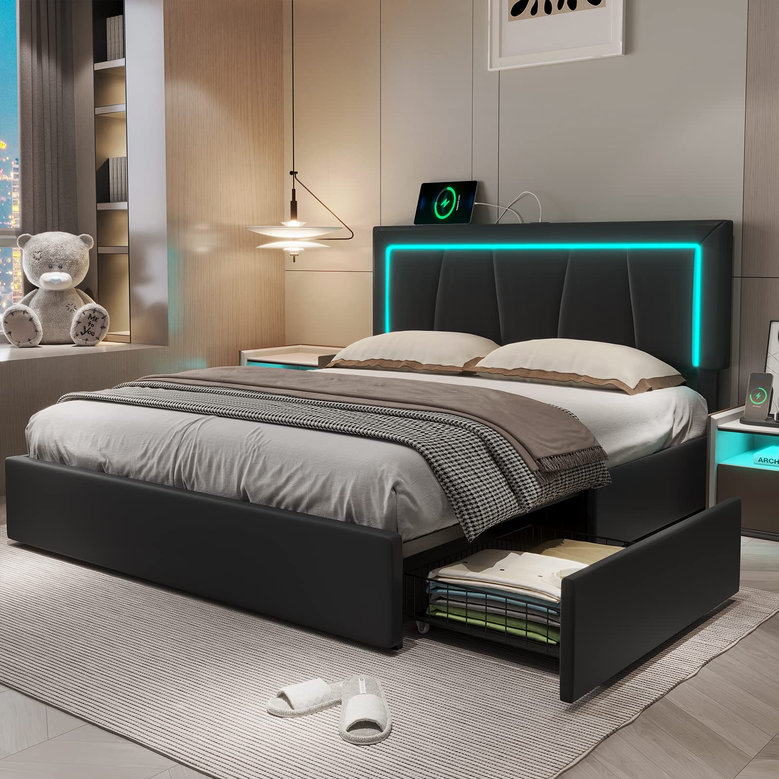 Hasuit Queen Bed Frame with 4 Storage Drawers Underneath, Upholstered Platform Bed Queen Size with Artificial Leather Headboard,